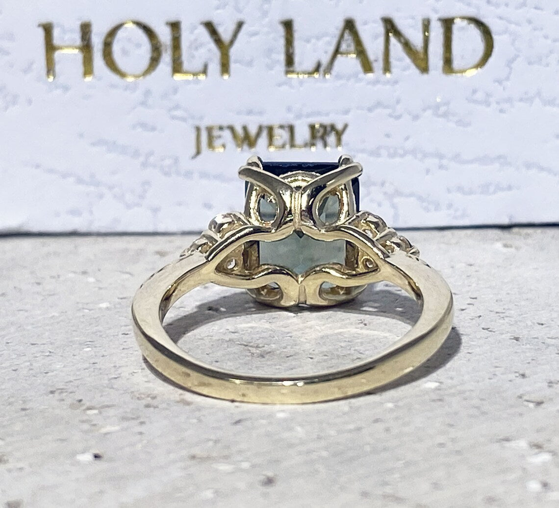 Octagon Green Tourmaline Engagement Ring with Clear Quartz Accents - H.L.Jewelry