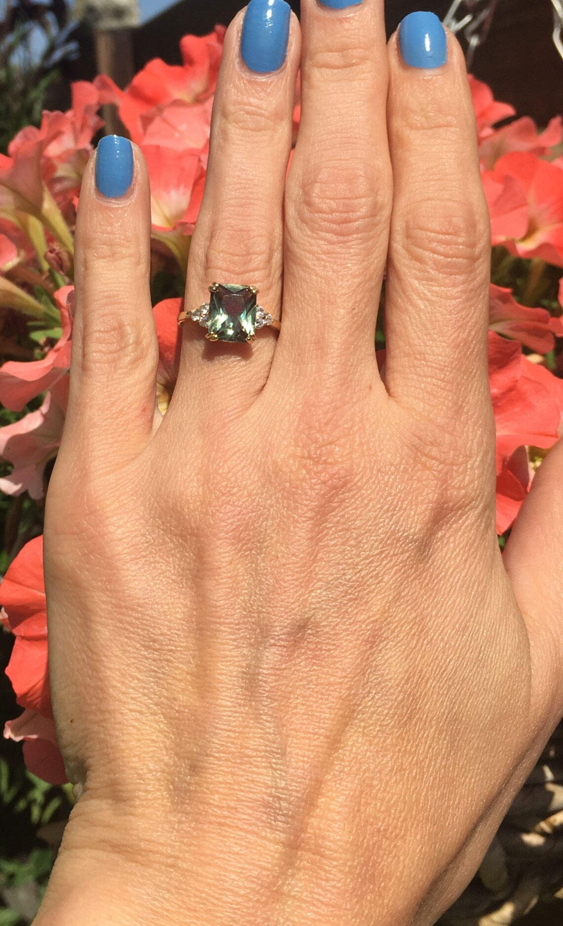 Octagon Green Tourmaline Engagement Ring with Clear Quartz Accents - H.L.Jewelry