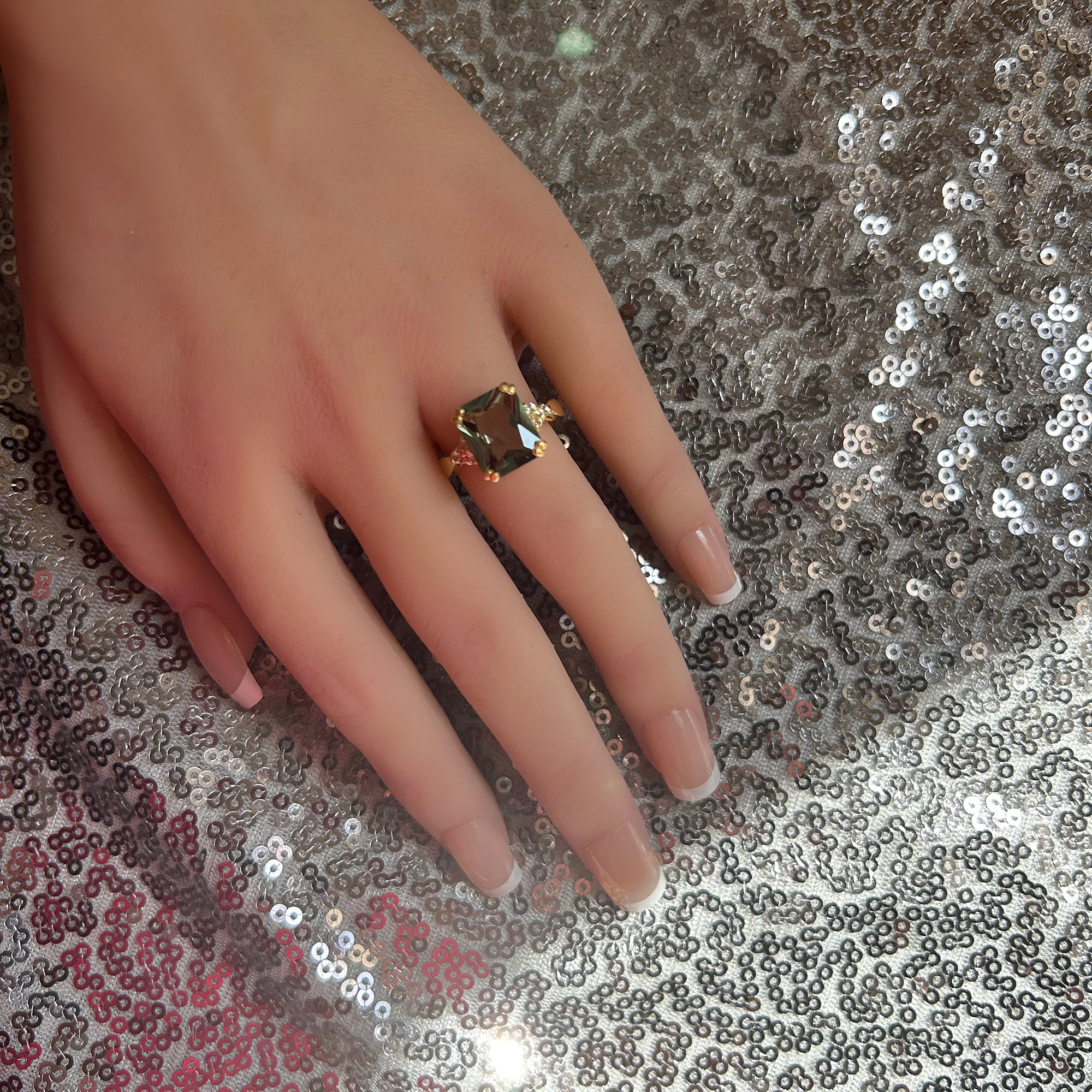 Octagon Green Tourmaline Statement Ring with Clear Quartz Accents - H.L.Jewelry