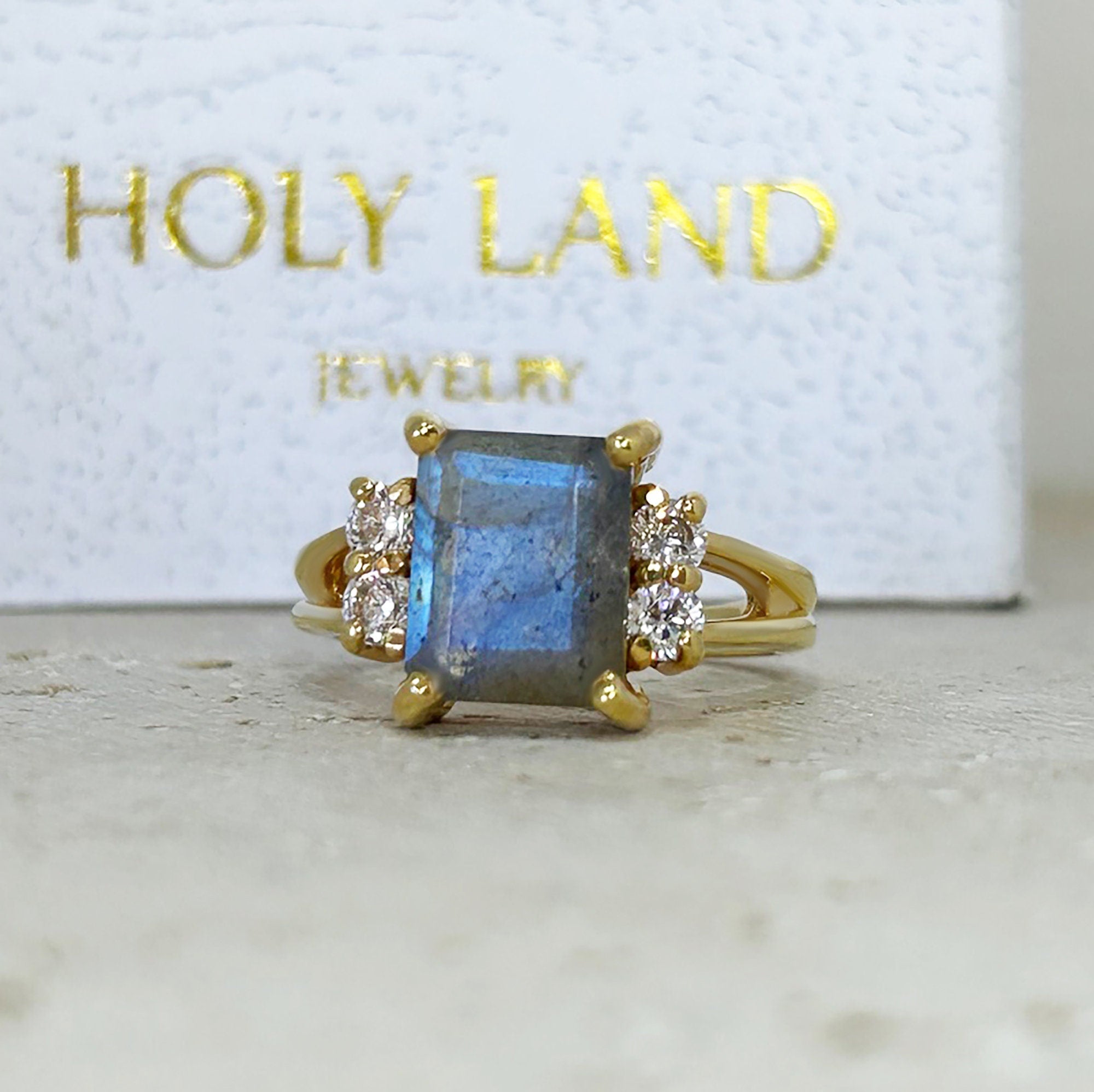 Octagon Labradorite Double Band Ring with Clear Quartz Accents - H.L.Jewelry