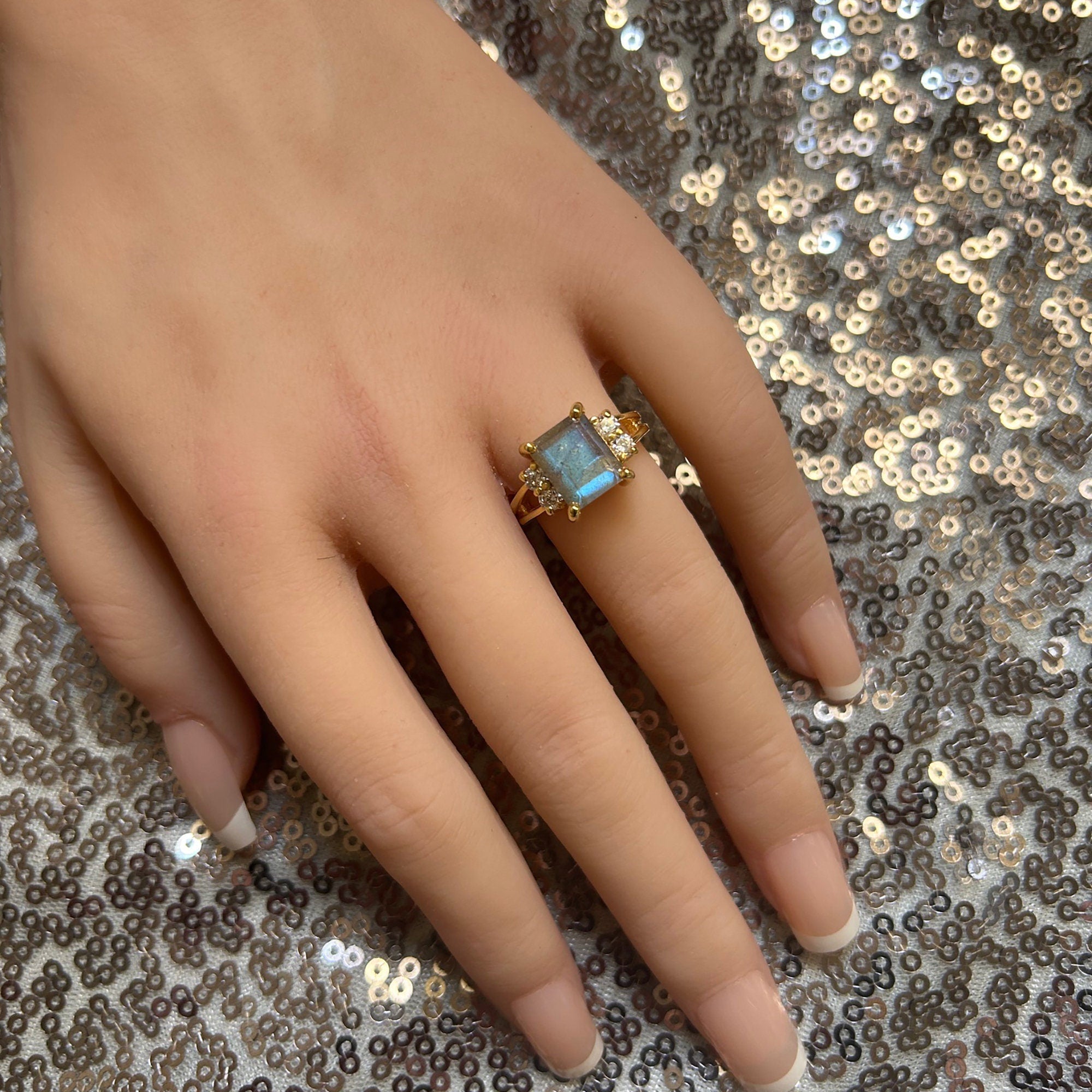 Octagon Labradorite Double Band Ring with Clear Quartz Accents - H.L.Jewelry