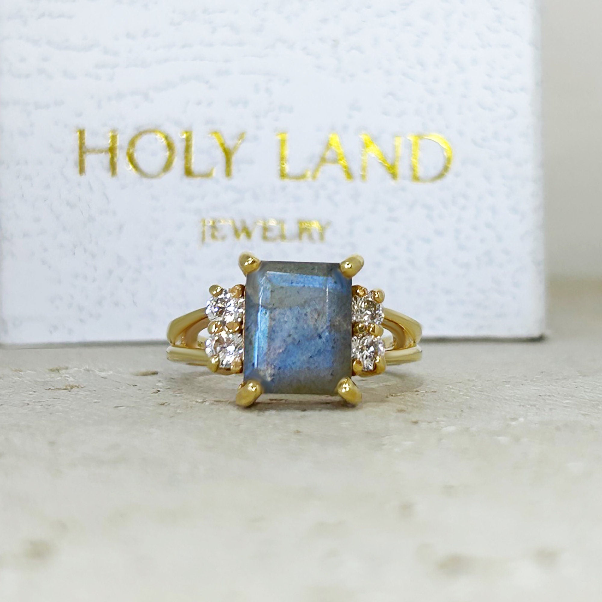 Octagon Labradorite Double Band Ring with Clear Quartz Accents - H.L.Jewelry