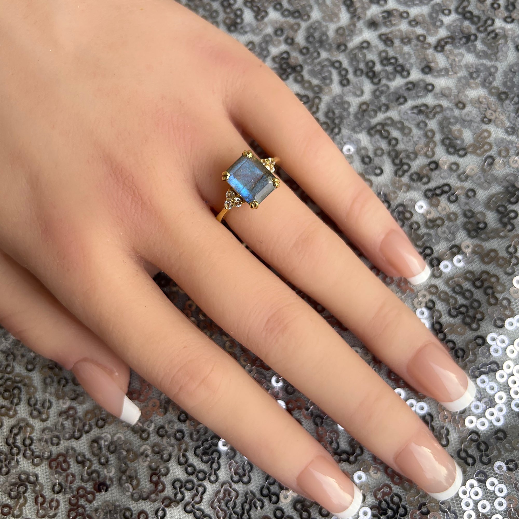 Octagon Labradorite Engagement Ring with Clear Quartz Accents - H.L.Jewelry