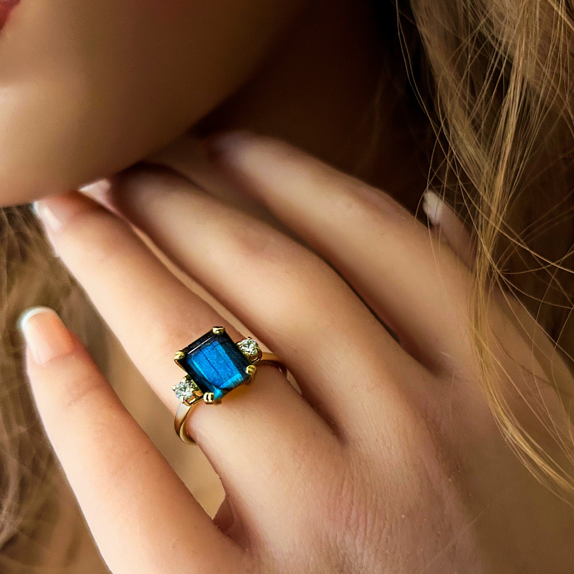 Octagon Labradorite Ring with Quartz Accents - H.L.Jewelry