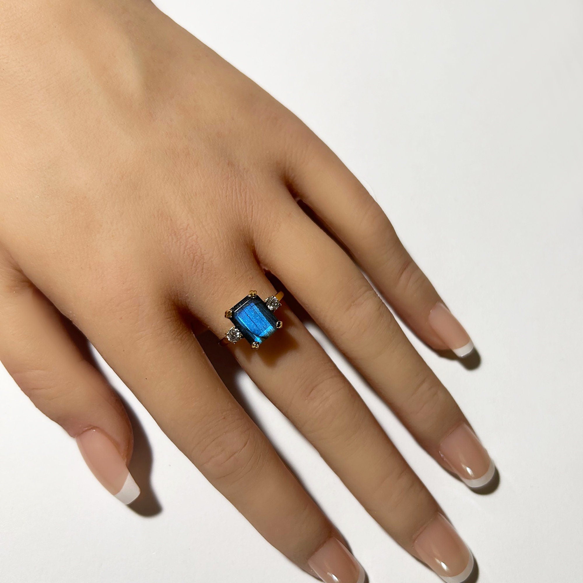 Octagon Labradorite Ring with Quartz Accents - H.L.Jewelry