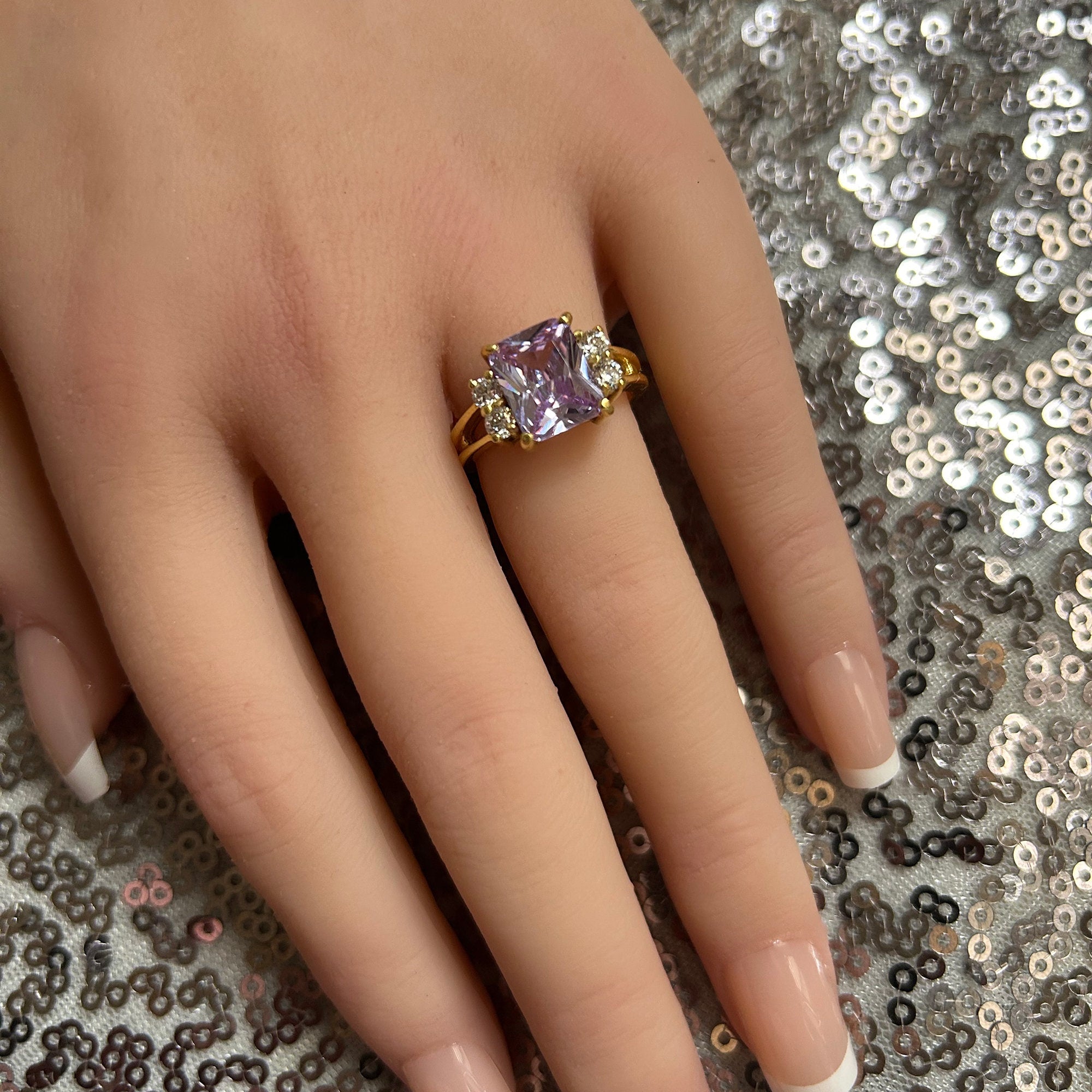 Octagon Lavender Amethyst Double Band Ring with Clear Quartz Accents - H.L.Jewelry