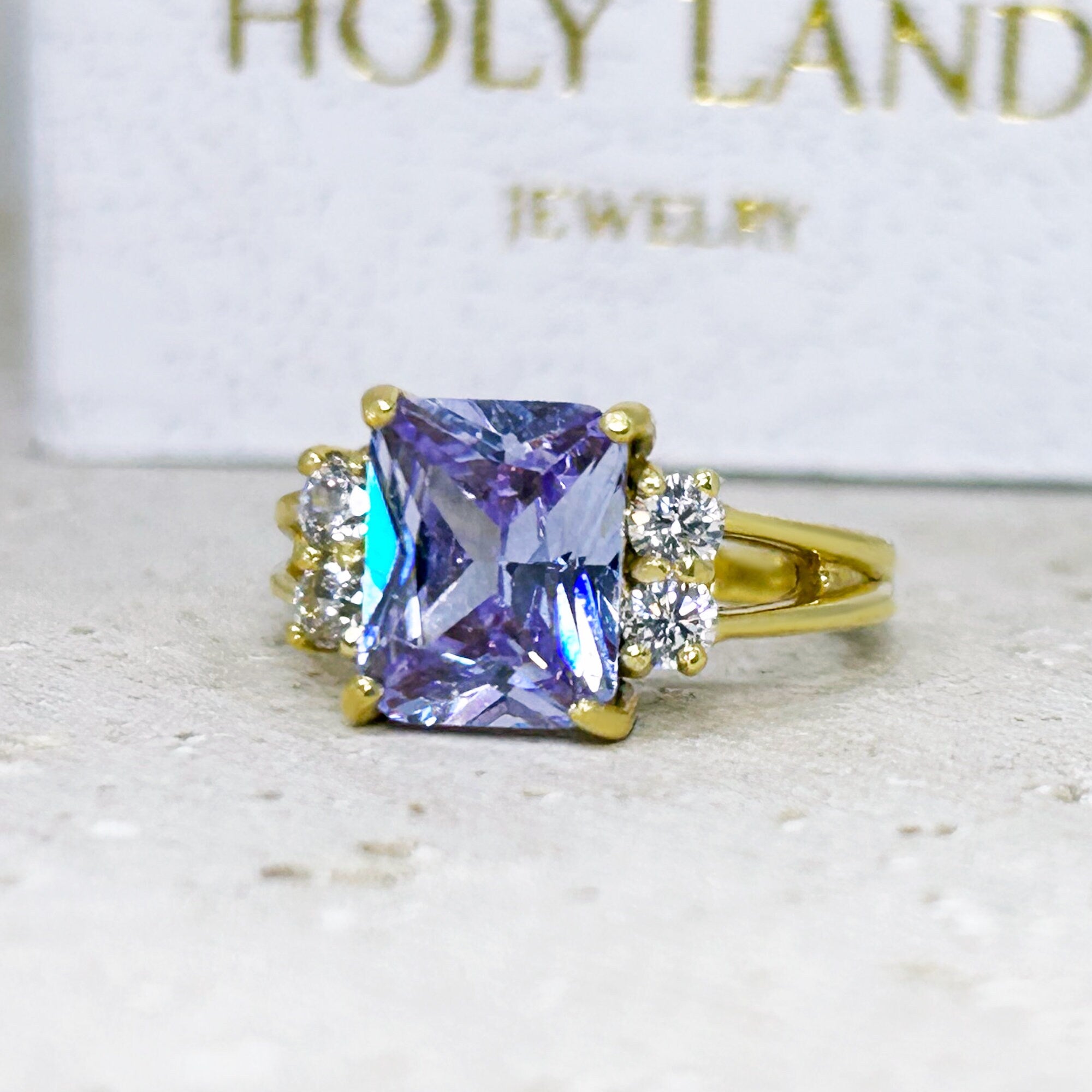 Octagon Lavender Amethyst Double Band Ring with Clear Quartz Accents - H.L.Jewelry