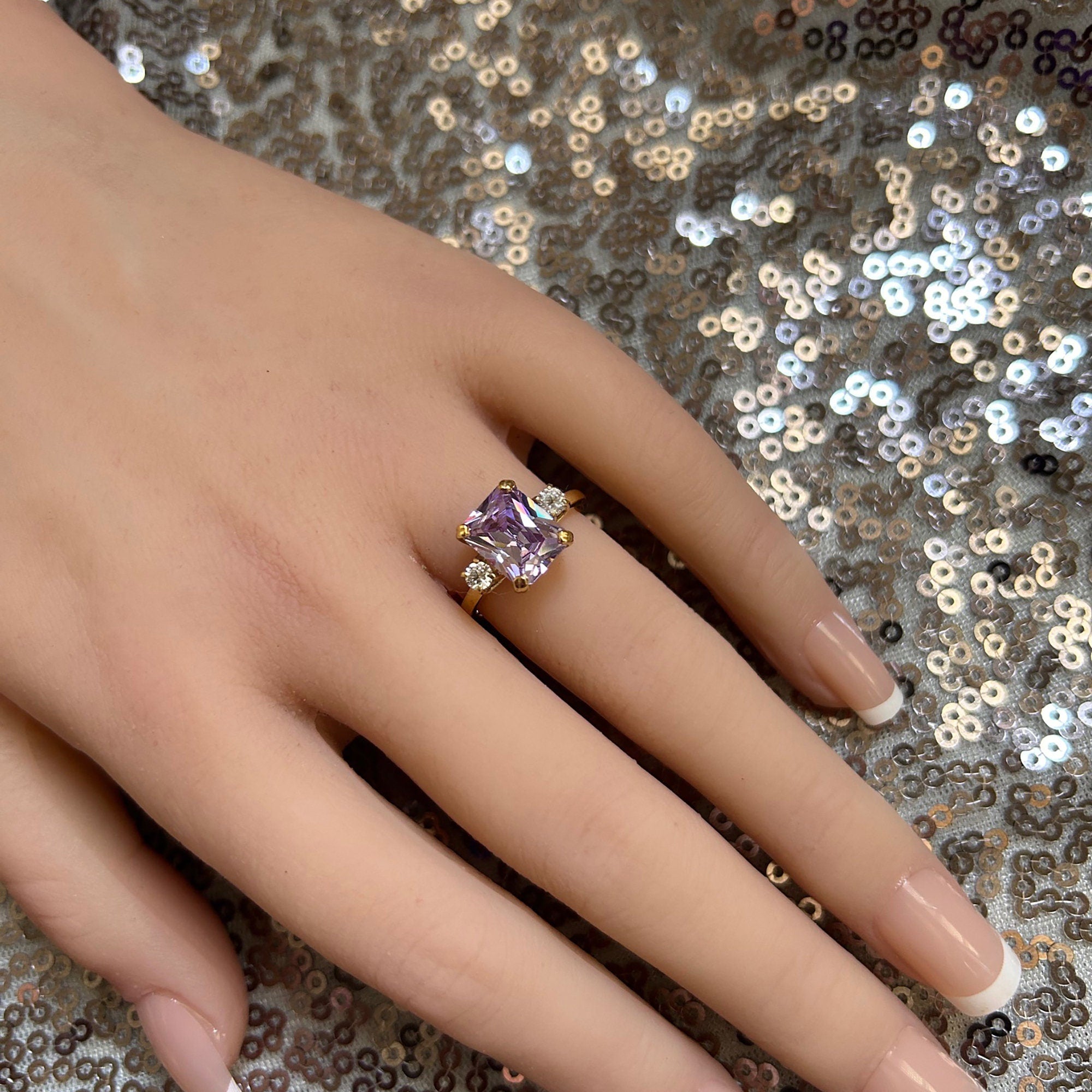 Octagon Lavender Amethyst Ring with Clear Quartz Accents - H.L.Jewelry