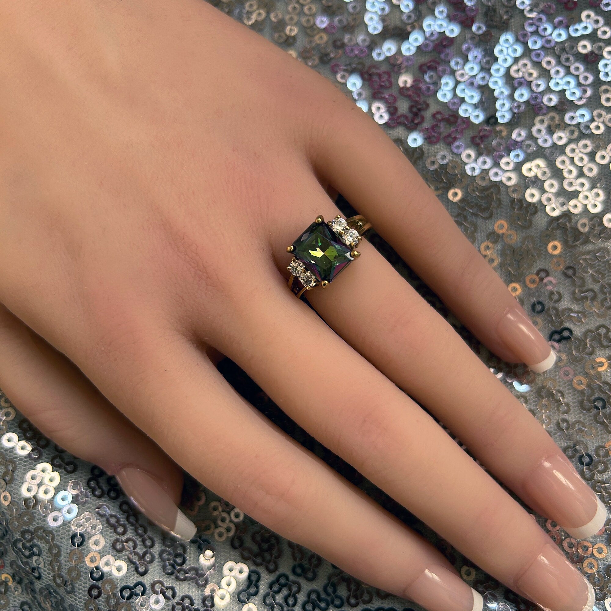 Octagon Mystic Topaz Double Band Ring with Clear Quartz Accents - H.L.Jewelry