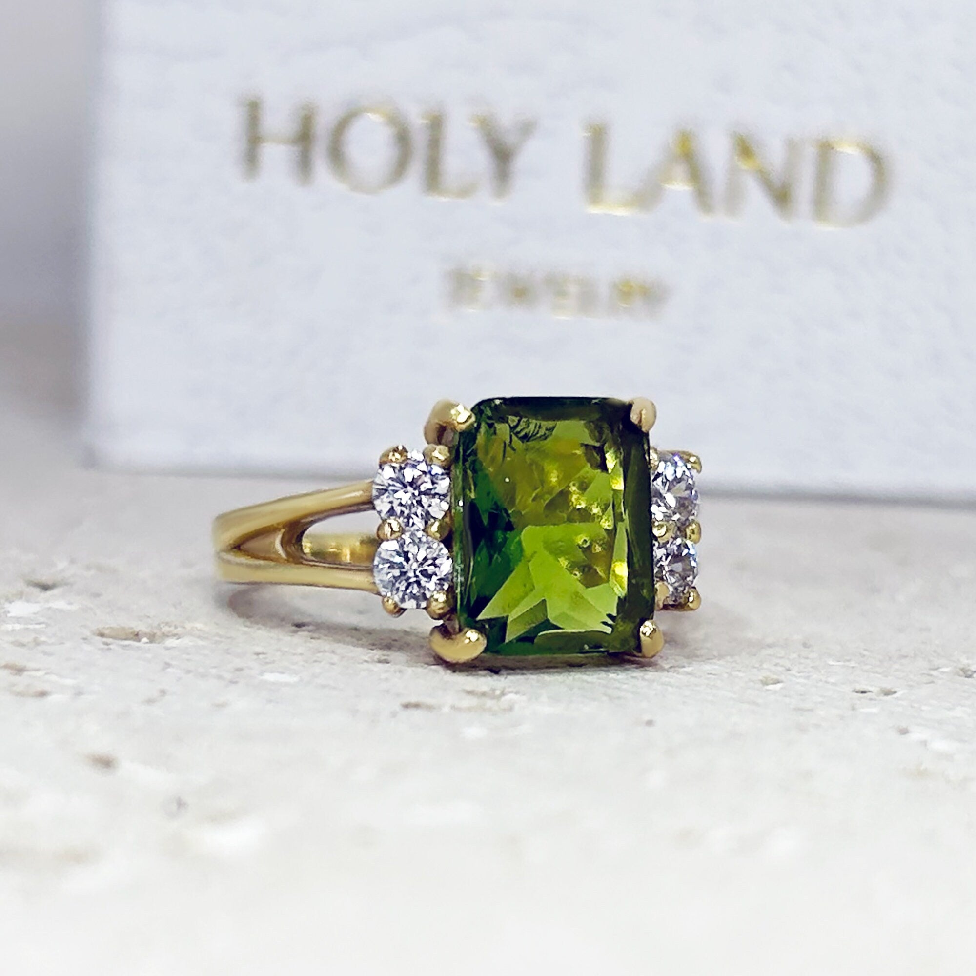 Octagon Peridot Double Band Ring with Clear Quartz Accents - H.L.Jewelry