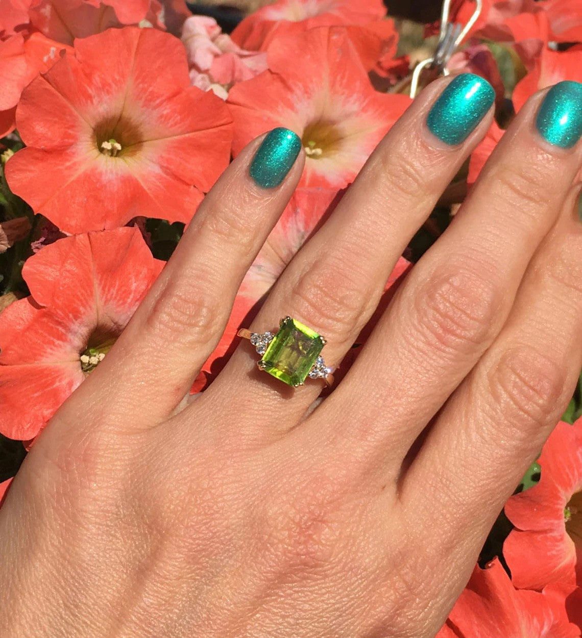 Octagon Peridot Engagement Ring with Clear Quartz Accents - H.L.Jewelry