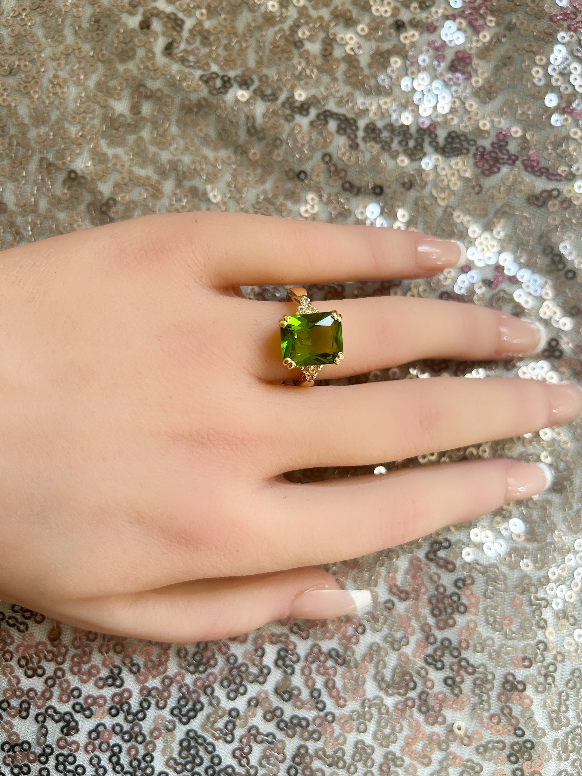 Octagon Peridot Statement Ring with Clear Quartz Accents - H.L.Jewelry