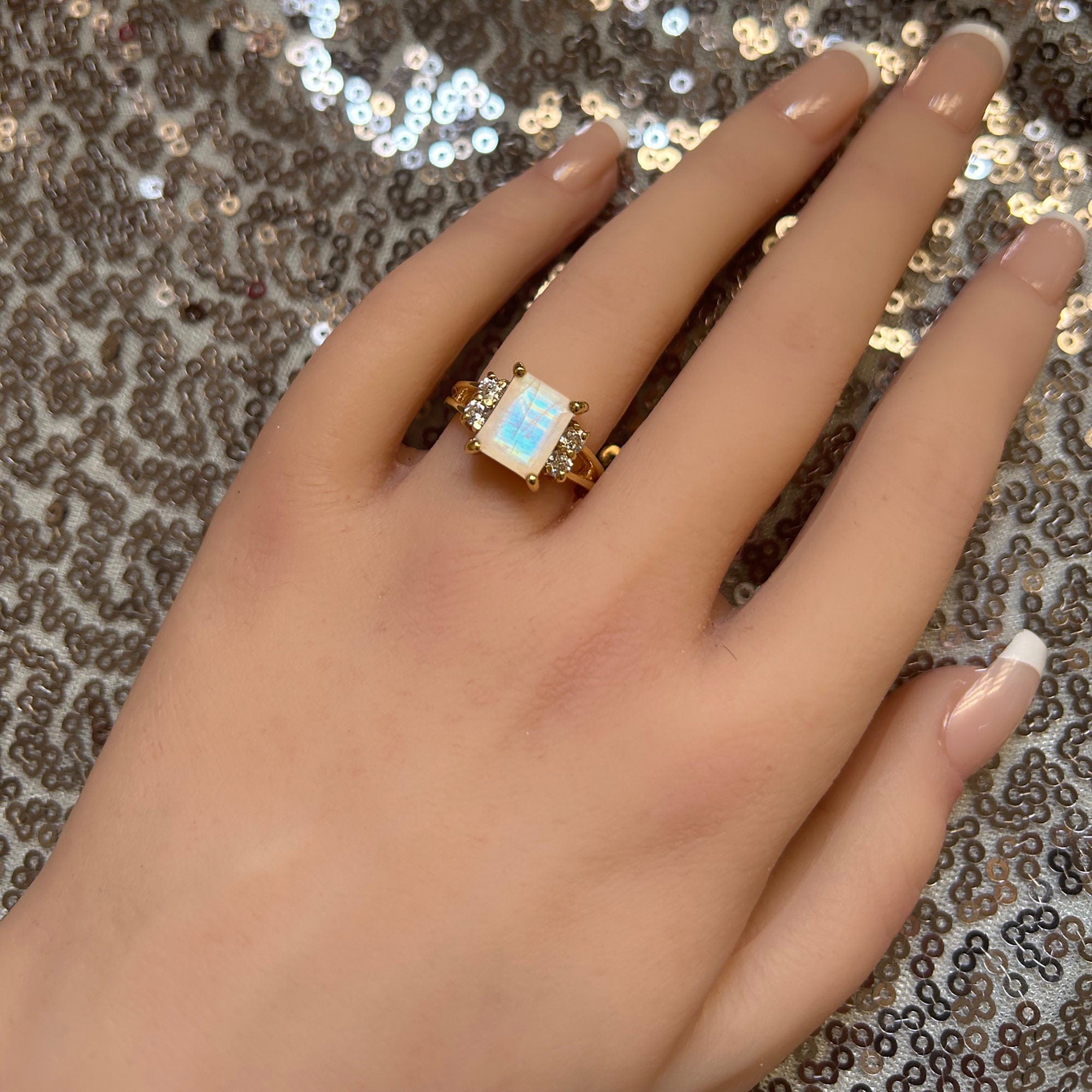 Octagon Rainbow Moonstone Double Band Ring with Clear Quartz Accents - H.L.Jewelry