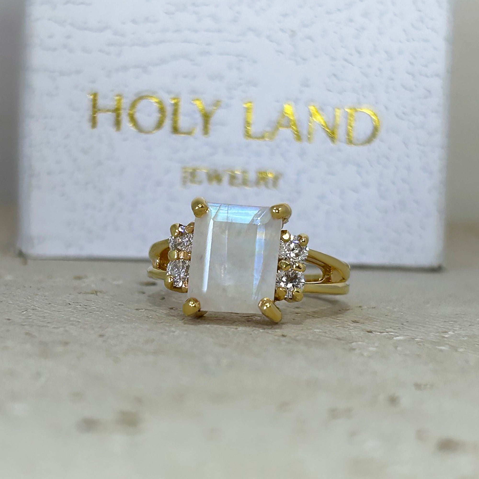 Octagon Rainbow Moonstone Double Band Ring with Clear Quartz Accents - H.L.Jewelry