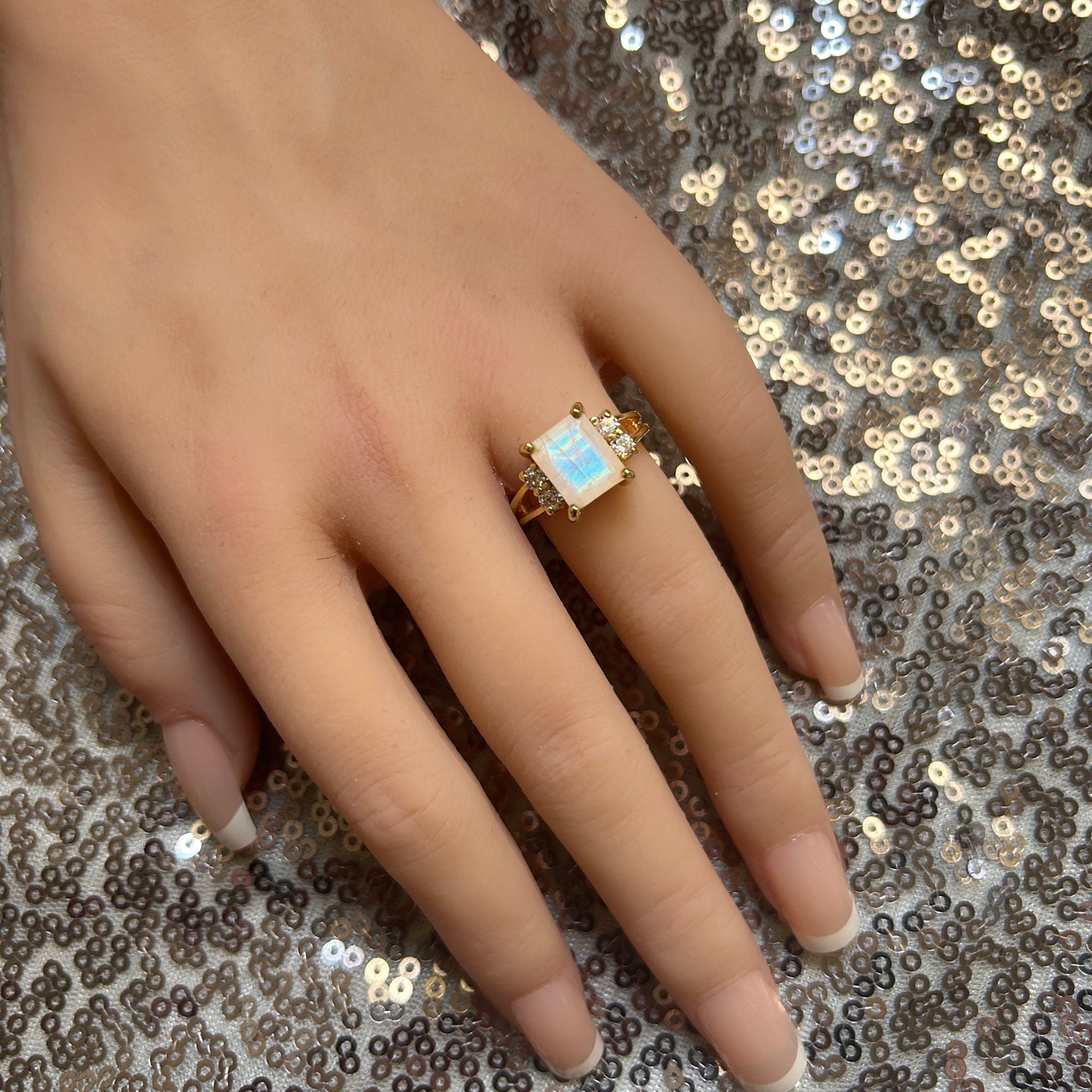 Octagon Rainbow Moonstone Double Band Ring with Clear Quartz Accents - H.L.Jewelry