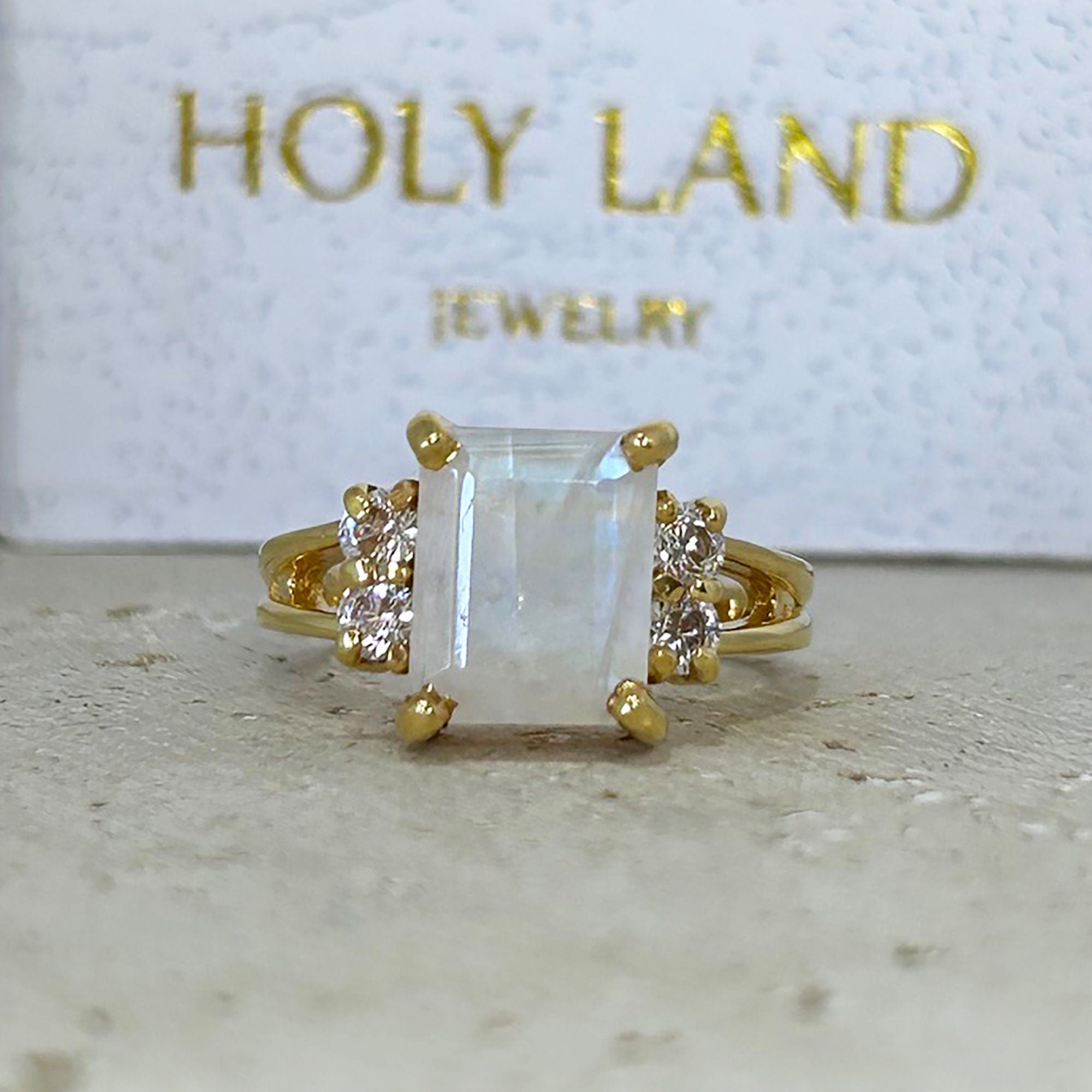 Octagon Rainbow Moonstone Double Band Ring with Clear Quartz Accents - H.L.Jewelry