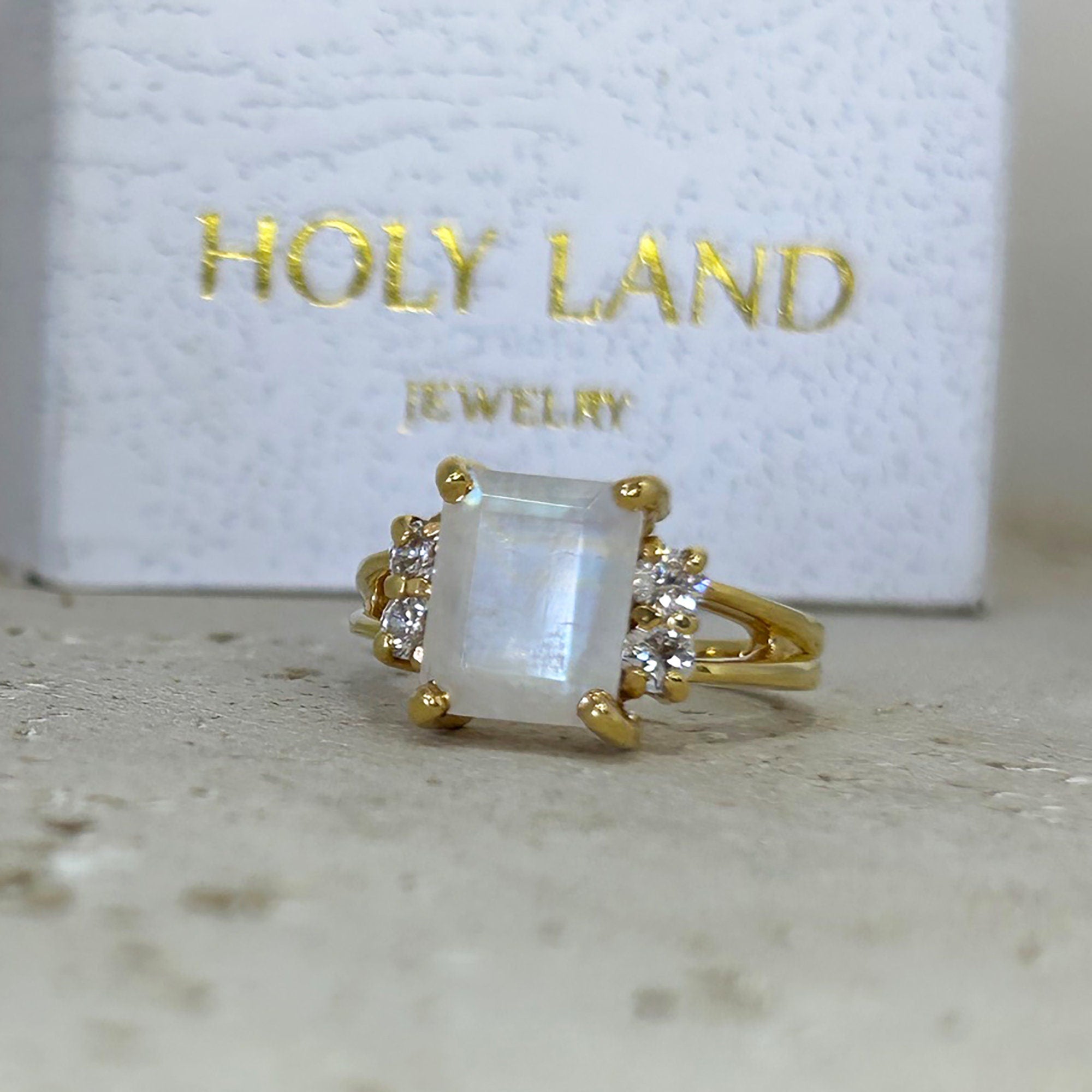 Octagon Rainbow Moonstone Double Band Ring with Clear Quartz Accents - H.L.Jewelry