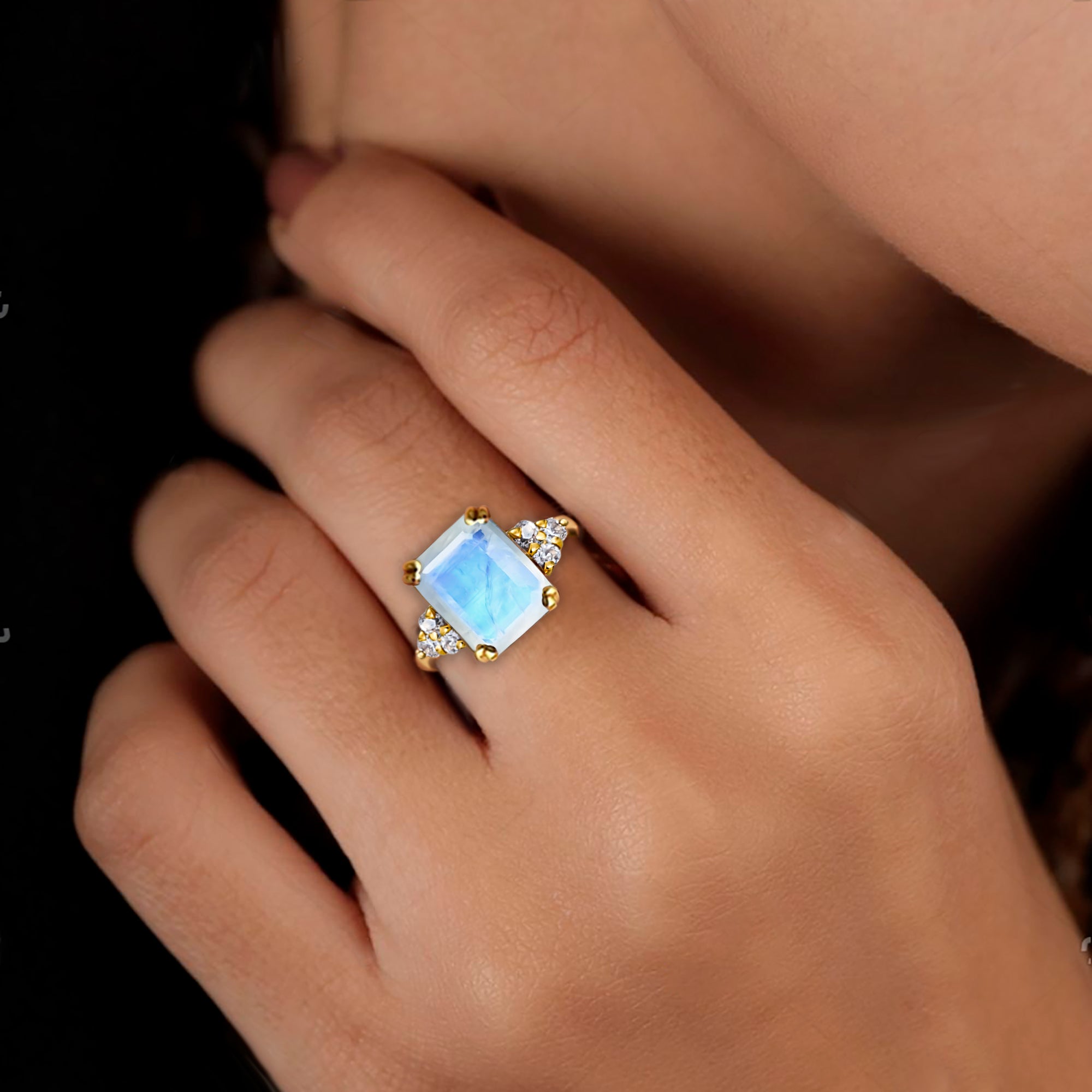 Octagon Rainbow Moonstone Engagement Ring with Clear Quartz Accents - H.L.Jewelry