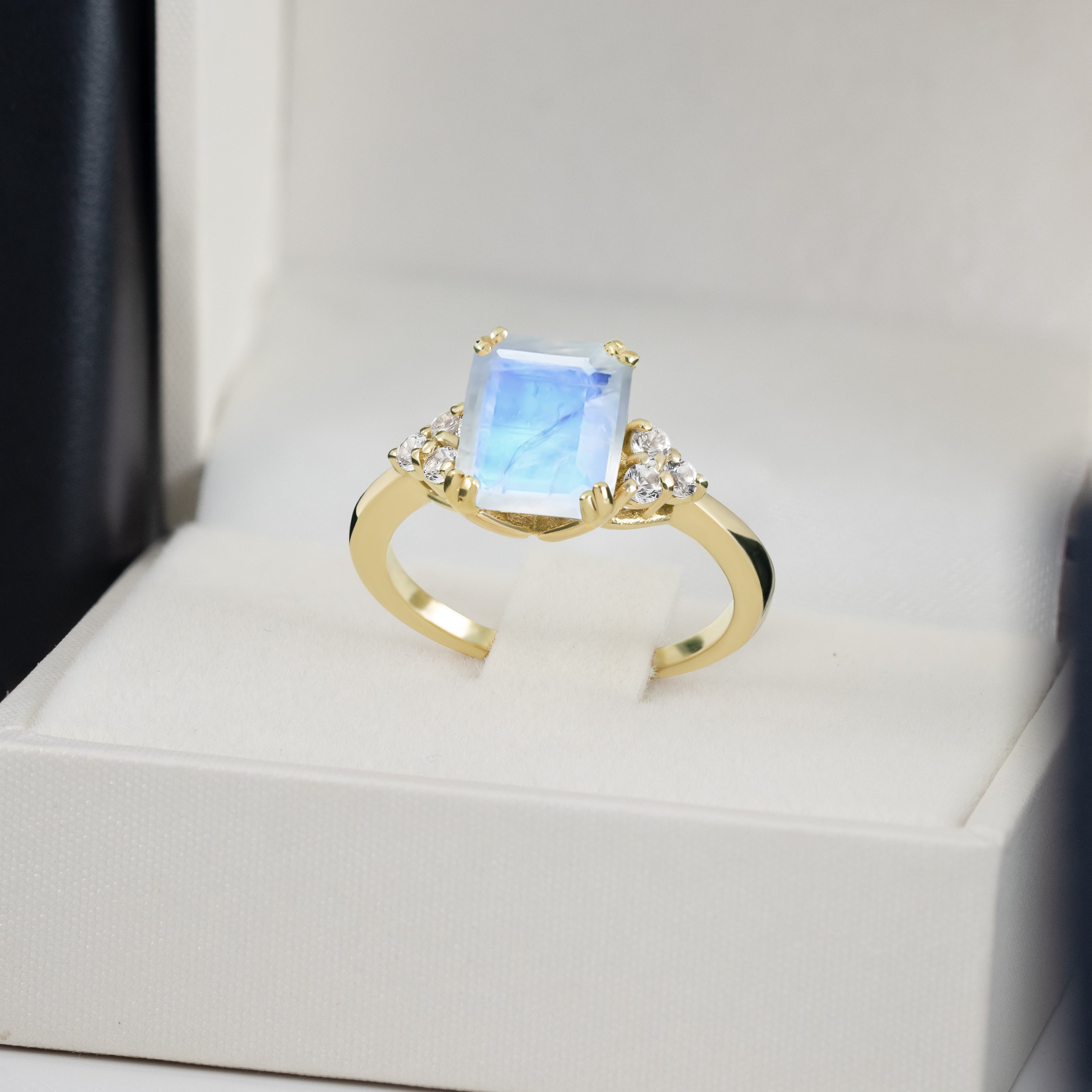Octagon Rainbow Moonstone Engagement Ring with Clear Quartz Accents - H.L.Jewelry
