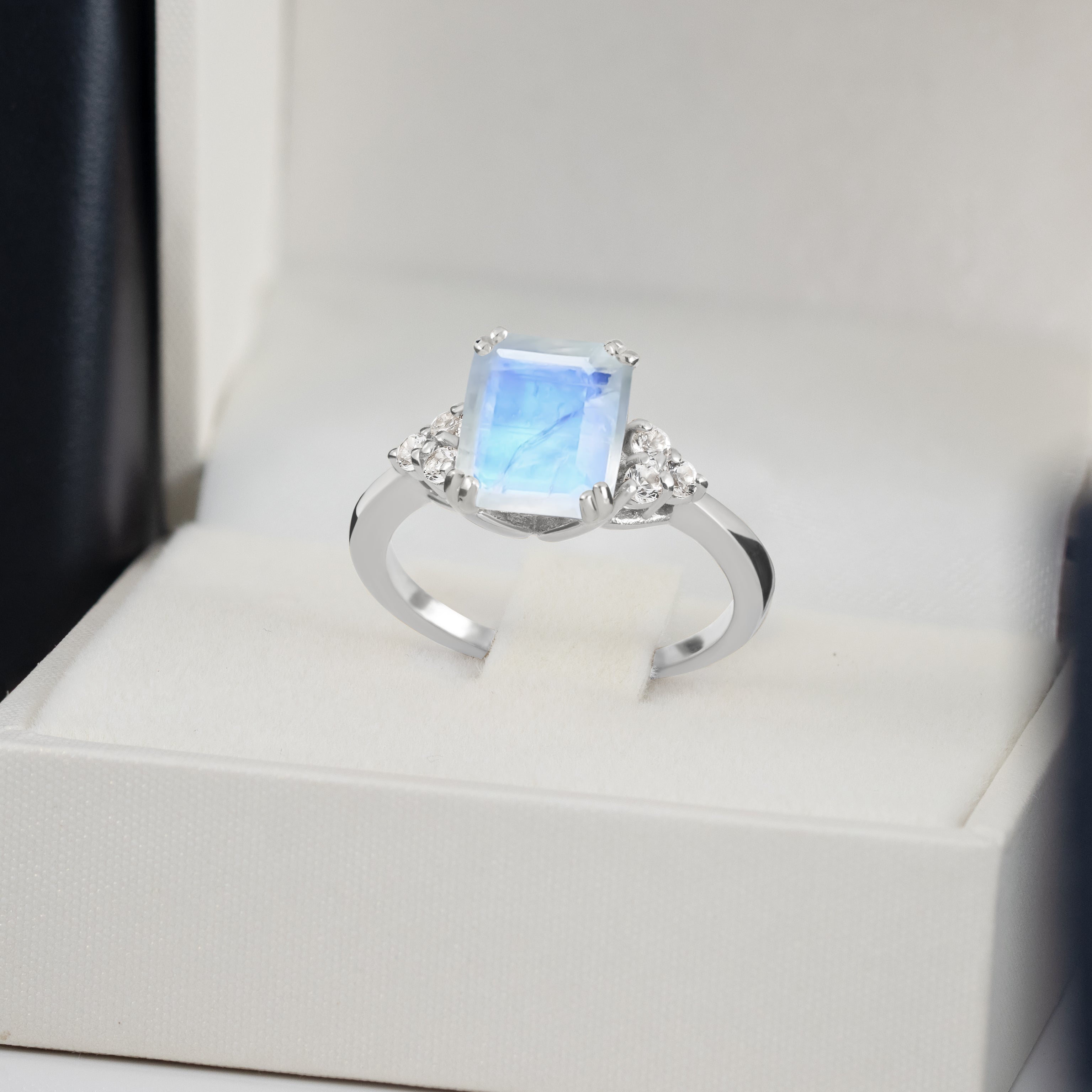 Octagon Rainbow Moonstone Engagement Ring with Clear Quartz Accents - H.L.Jewelry