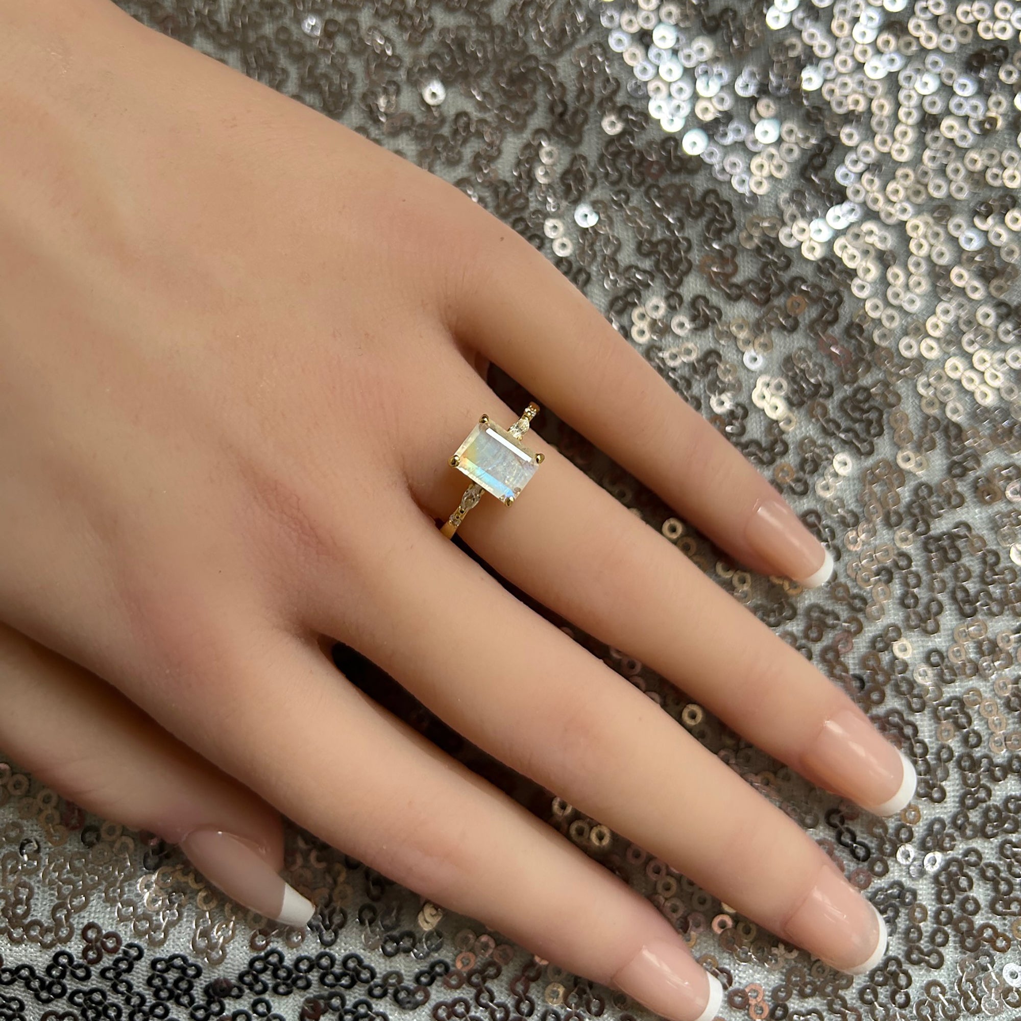 Octagon Rainbow Moonstone Ring with Clear Quartz Accents - H.L.Jewelry