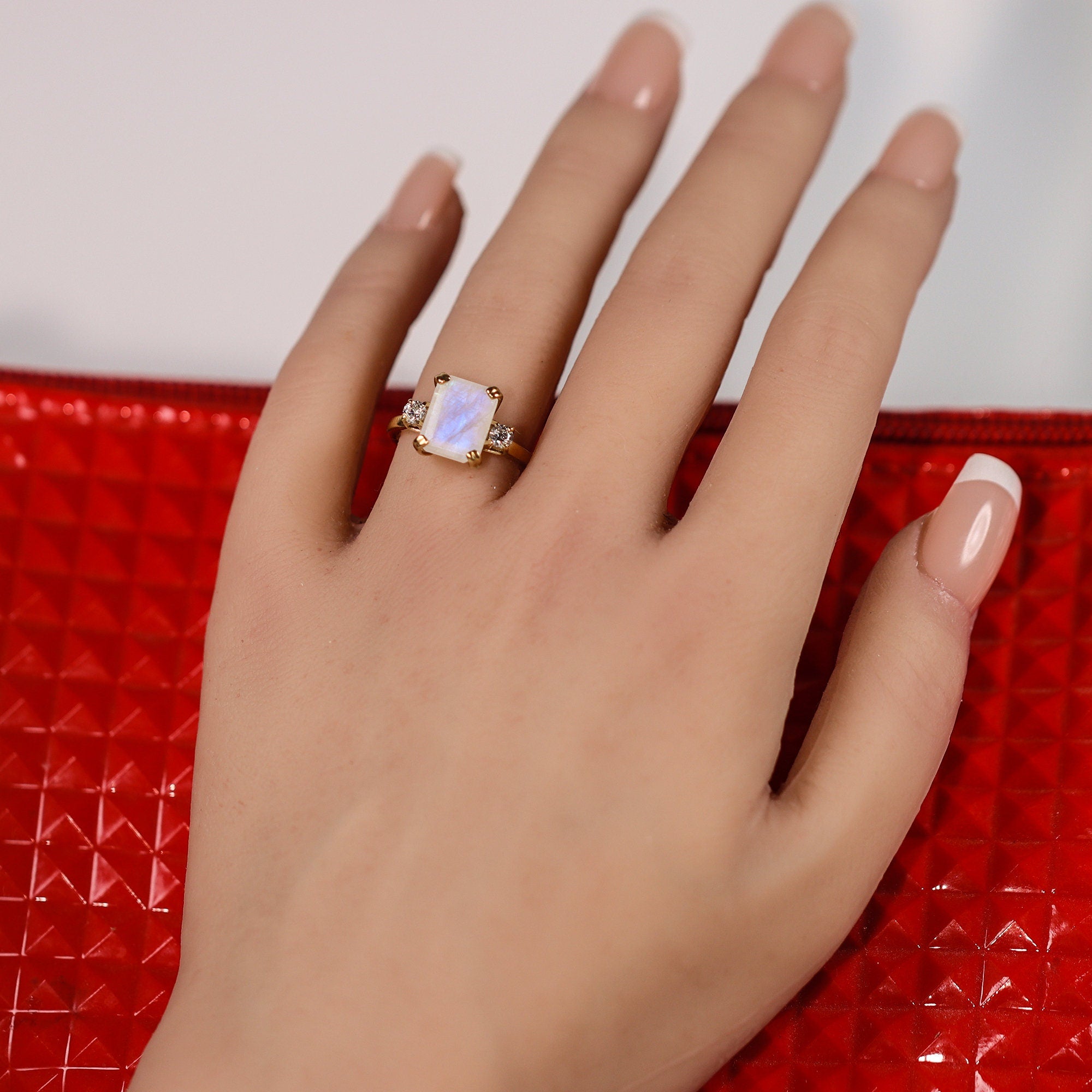 Octagon Rainbow Moonstone Ring with Clear Quartz Accents - H.L.Jewelry