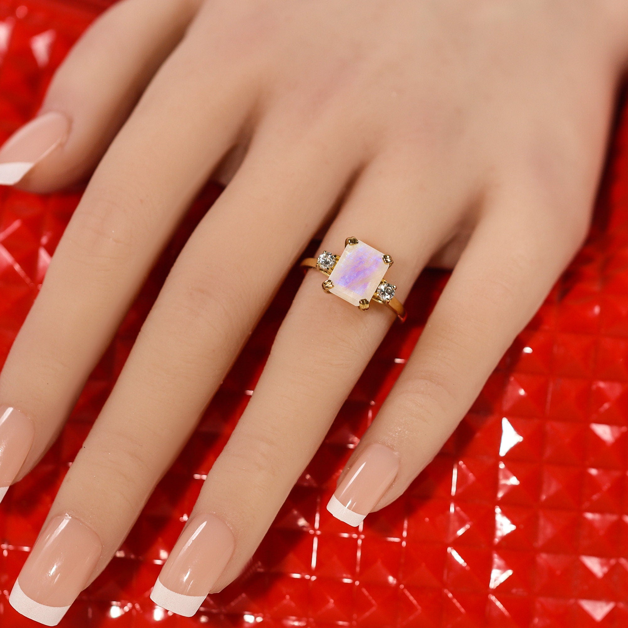 Octagon Rainbow Moonstone Ring with Clear Quartz Accents - H.L.Jewelry