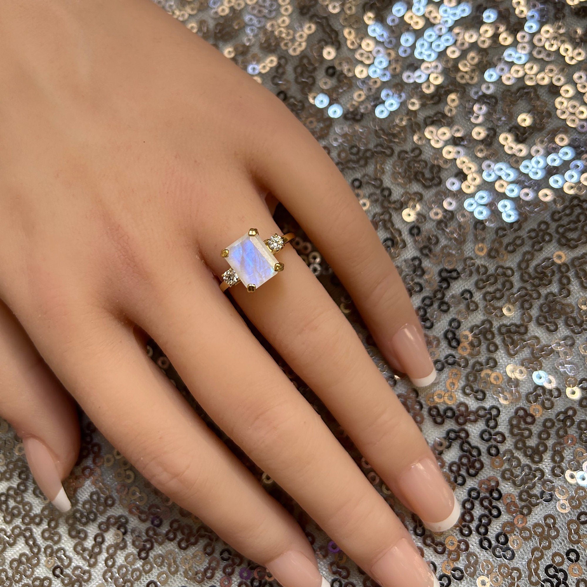 Octagon Rainbow Moonstone Ring with Clear Quartz Accents - H.L.Jewelry