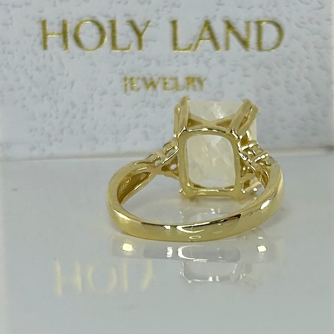 Octagon Rainbow Moonstone Statement Ring with Clear Quartz Accents - H.L.Jewelry