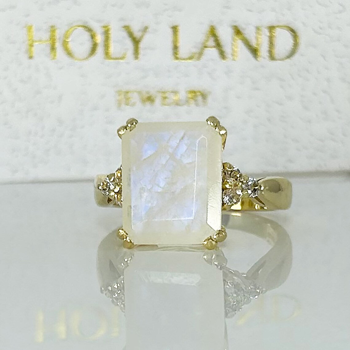 Octagon Rainbow Moonstone Statement Ring with Clear Quartz Accents - H.L.Jewelry