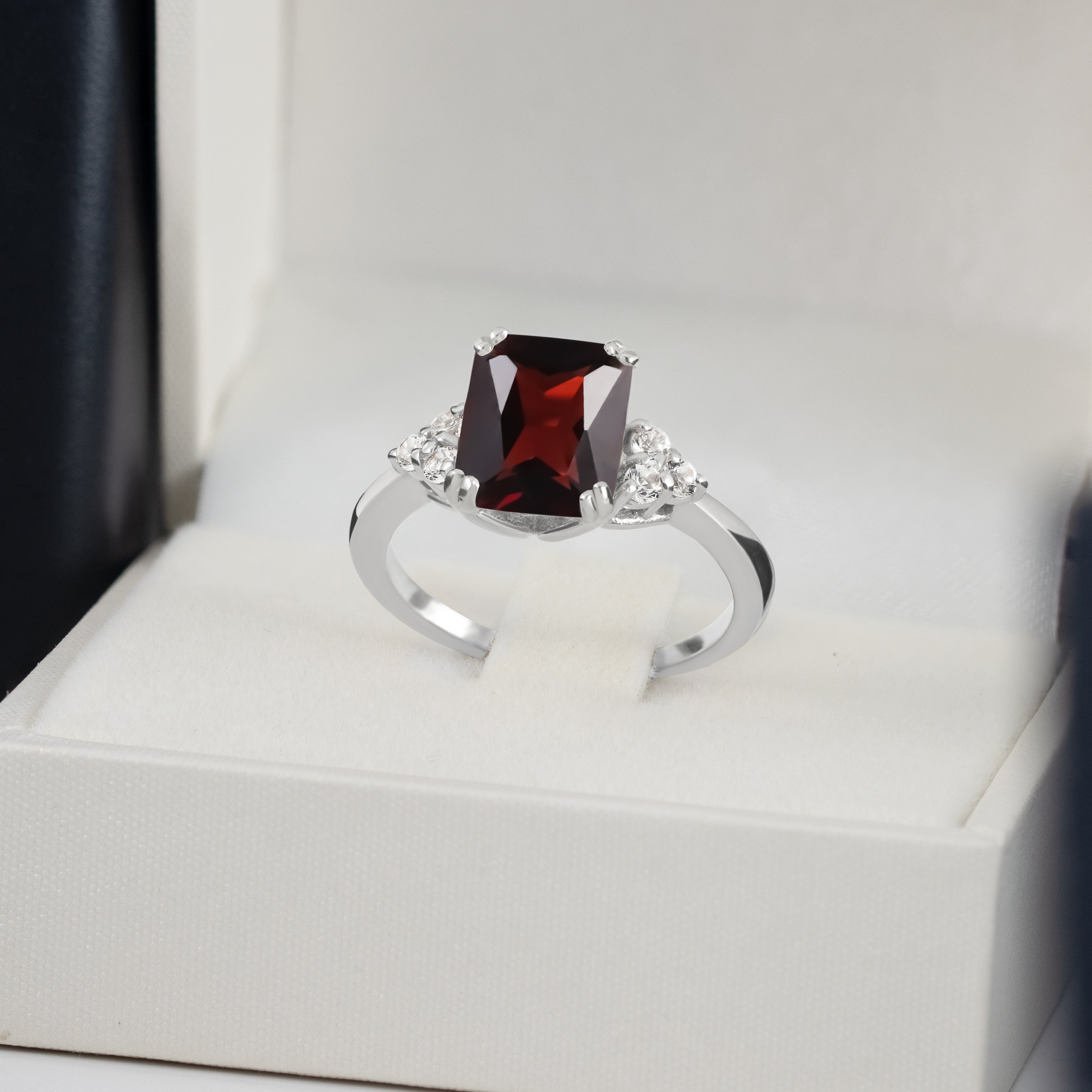 Octagon Red Garnet Engagement Ring with Clear Quartz Accents - H.L.Jewelry