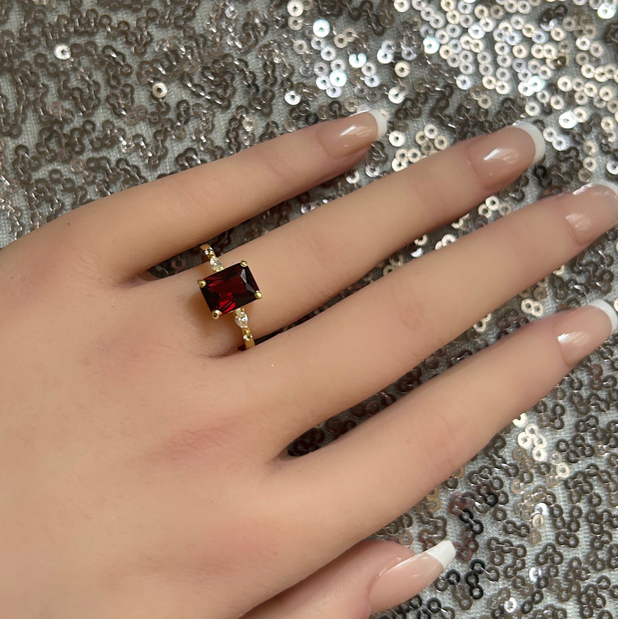 Octagon Red Garnet Ring with Clear Quartz Accents - H.L.Jewelry