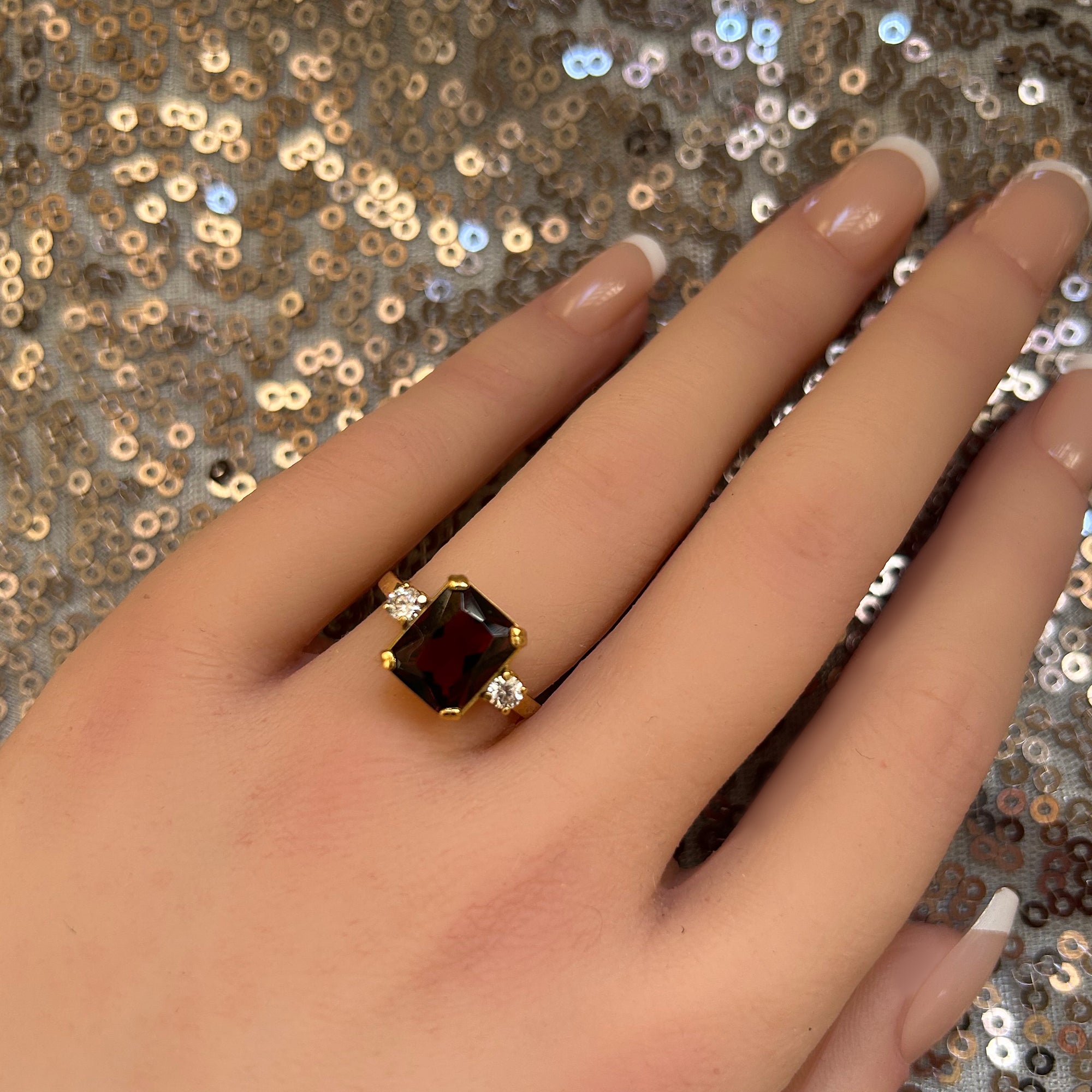 Octagon Red Garnet Ring with Clear Quartz Accents - H.L.Jewelry