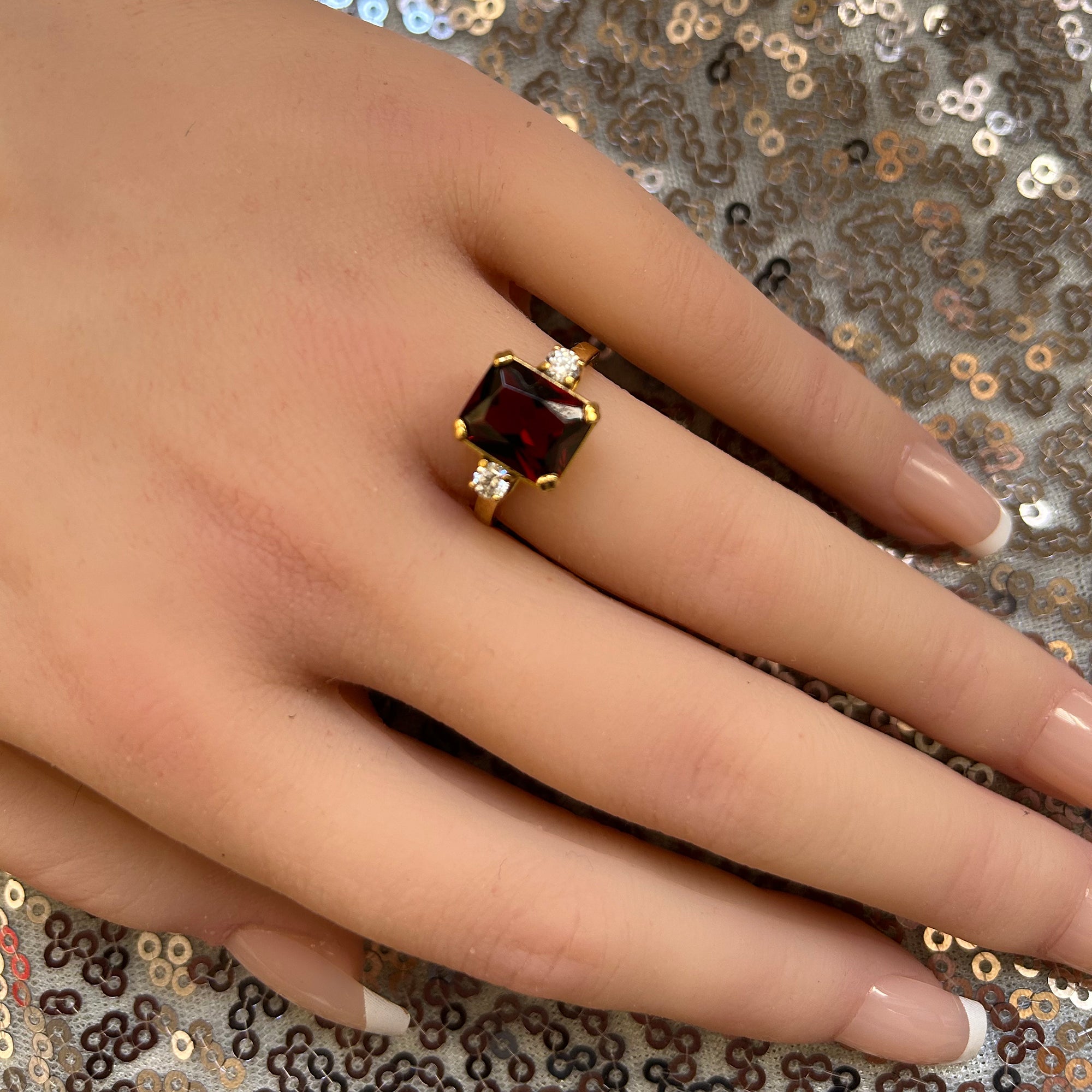 Octagon Red Garnet Ring with Clear Quartz Accents - H.L.Jewelry