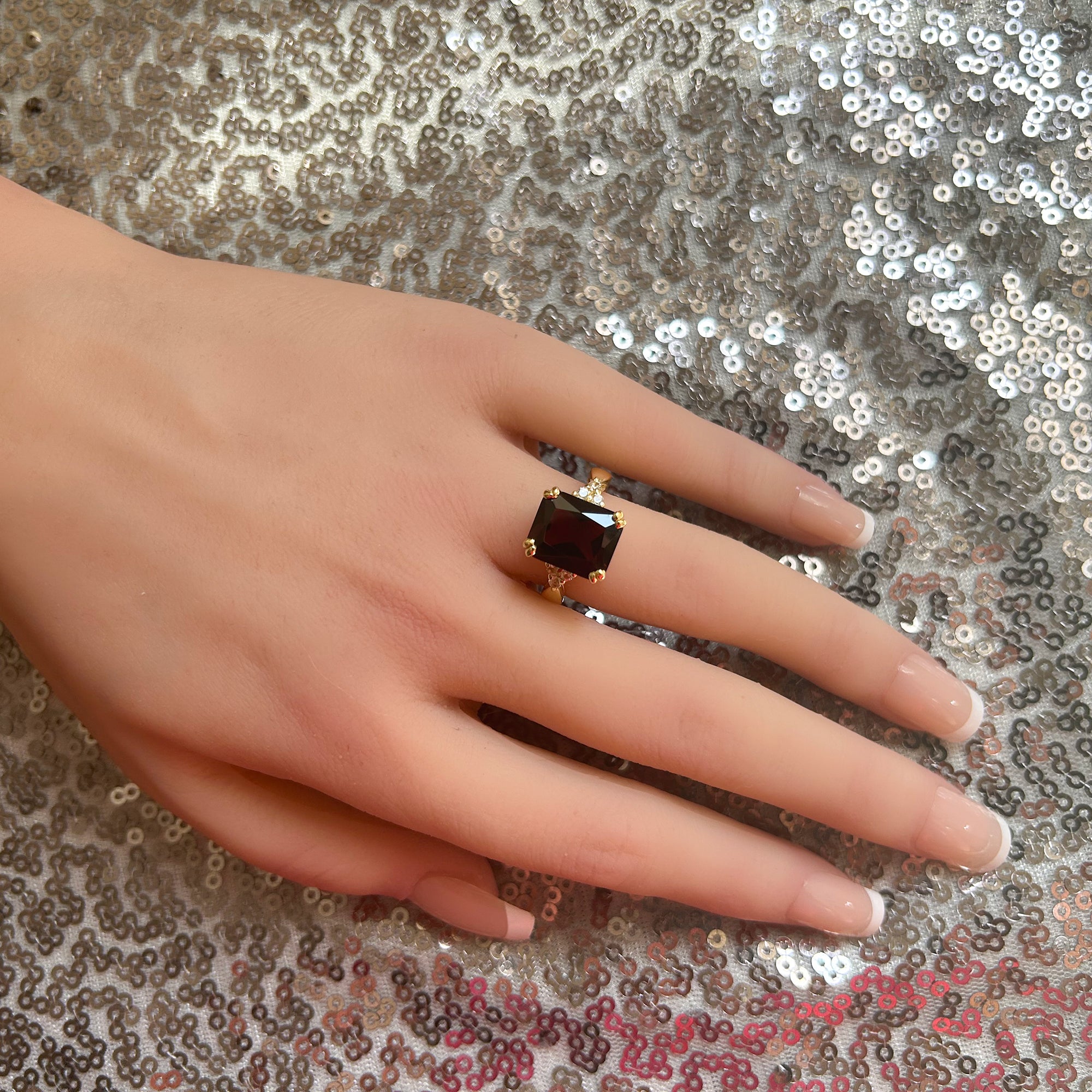 Octagon Red Garnet Statement Ring with Clear Quartz Accents - H.L.Jewelry