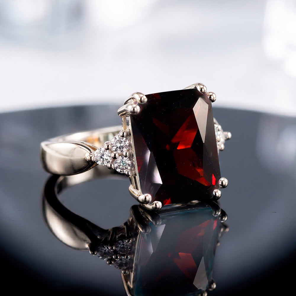 Octagon Red Garnet Statement Ring with Clear Quartz Accents - H.L.Jewelry