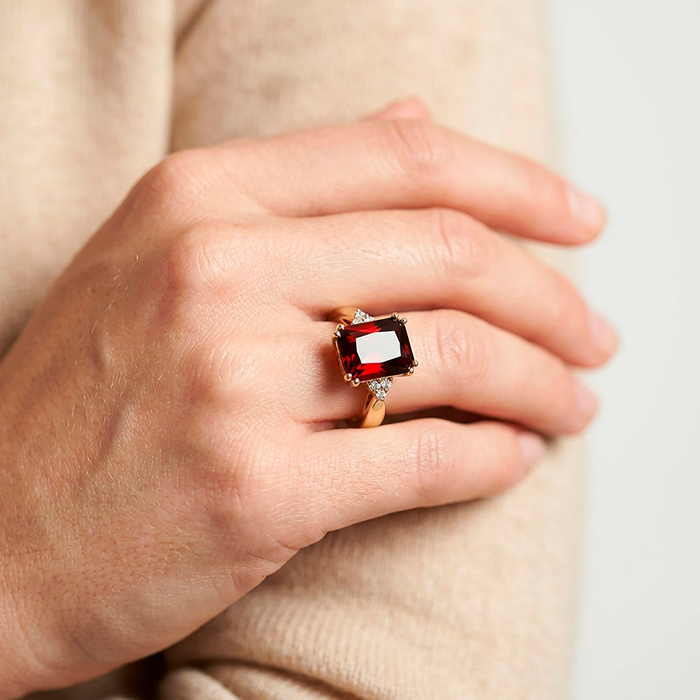 Octagon Red Garnet Statement Ring with Clear Quartz Accents - H.L.Jewelry