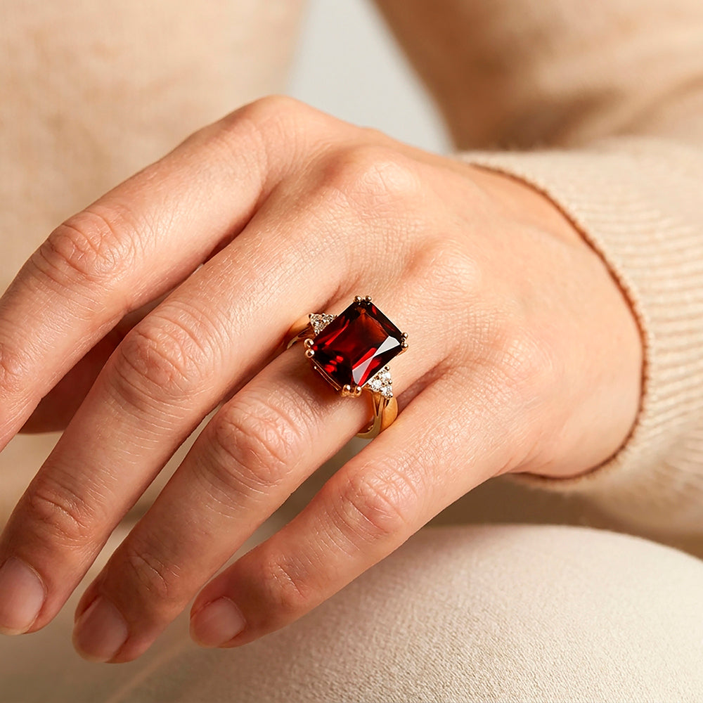 Octagon Red Garnet Statement Ring with Clear Quartz Accents - H.L.Jewelry