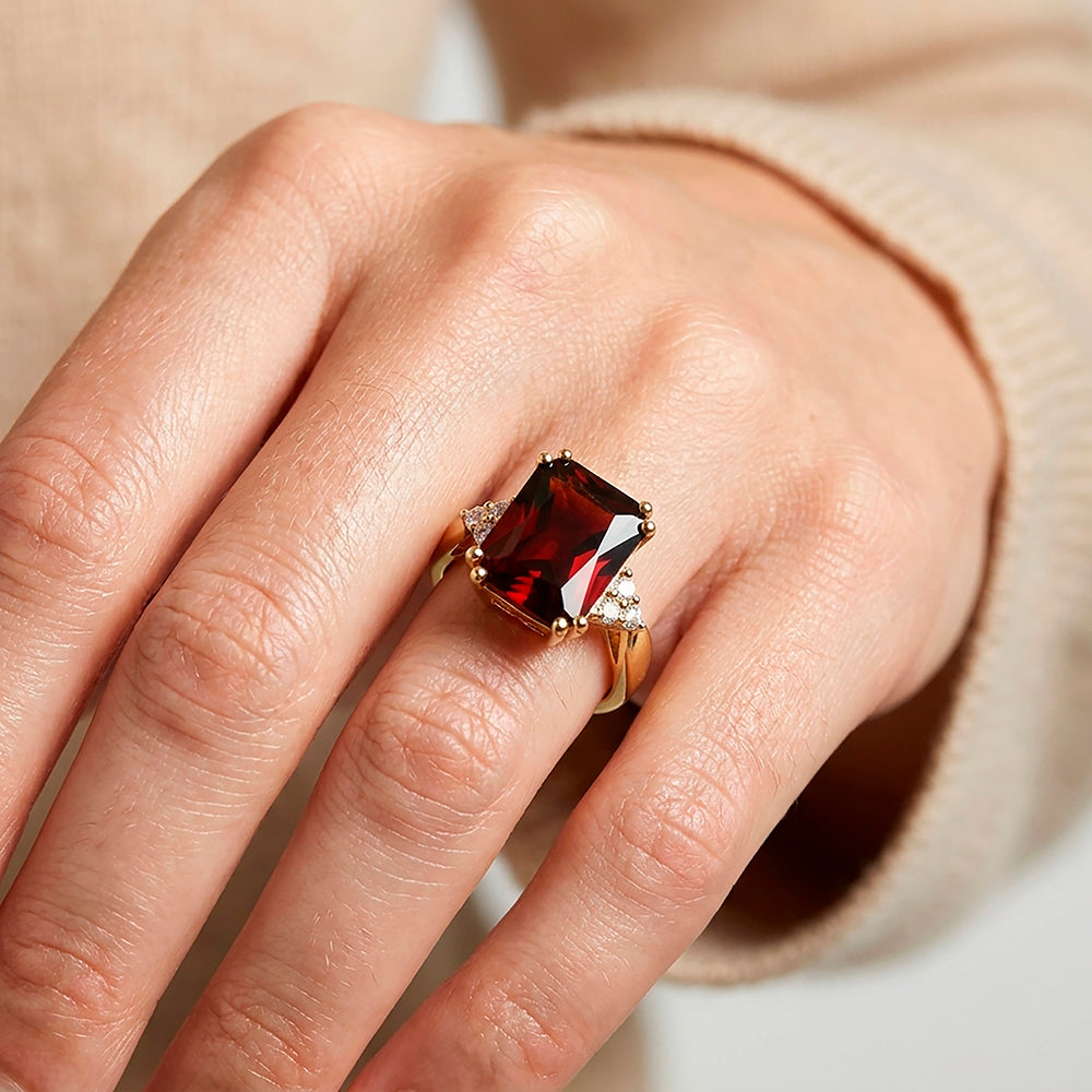 Octagon Red Garnet Statement Ring with Clear Quartz Accents - H.L.Jewelry