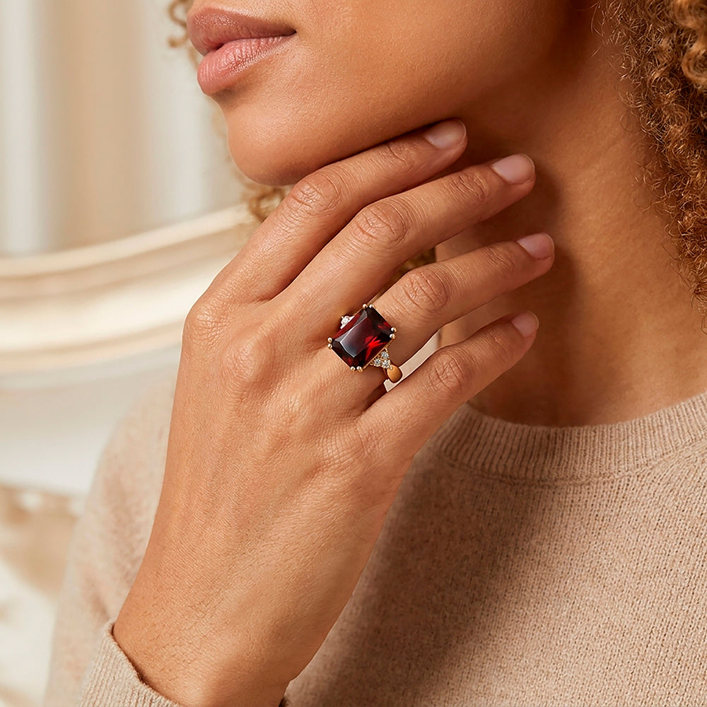 Octagon Red Garnet Statement Ring with Clear Quartz Accents - H.L.Jewelry