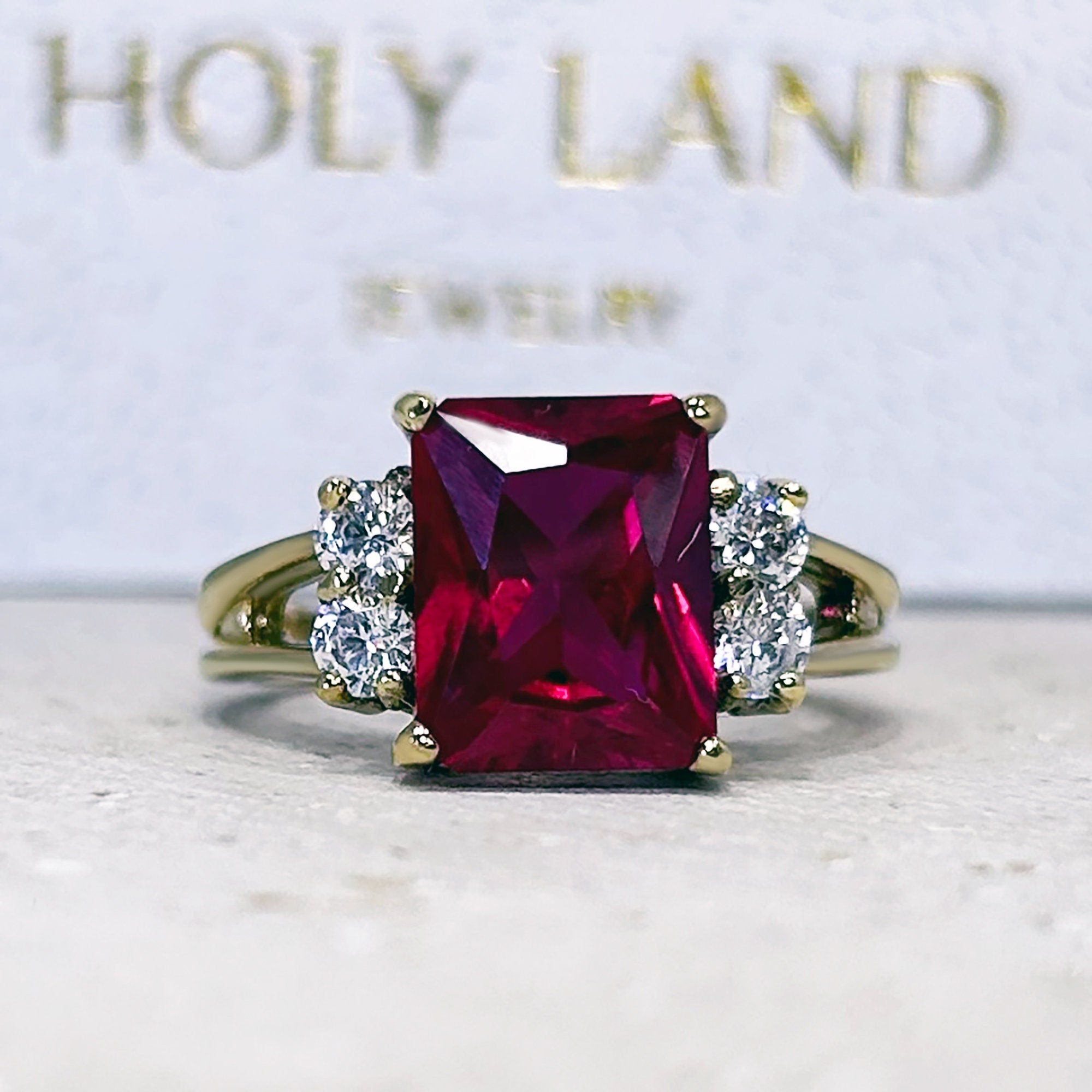 Octagon Ruby Double Band Ring with Clear Quartz Accents - H.L.Jewelry