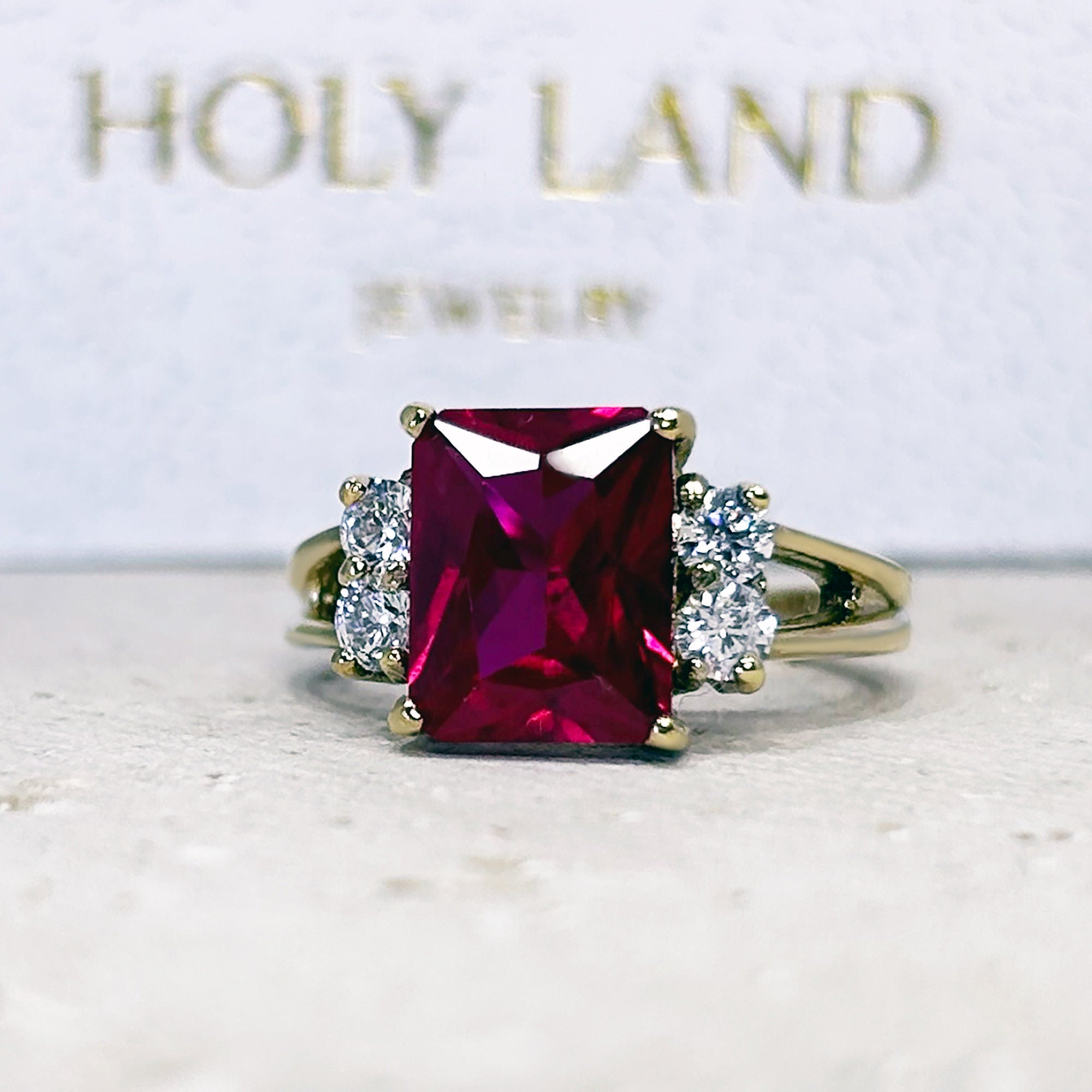Octagon Ruby Double Band Ring with Clear Quartz Accents - H.L.Jewelry