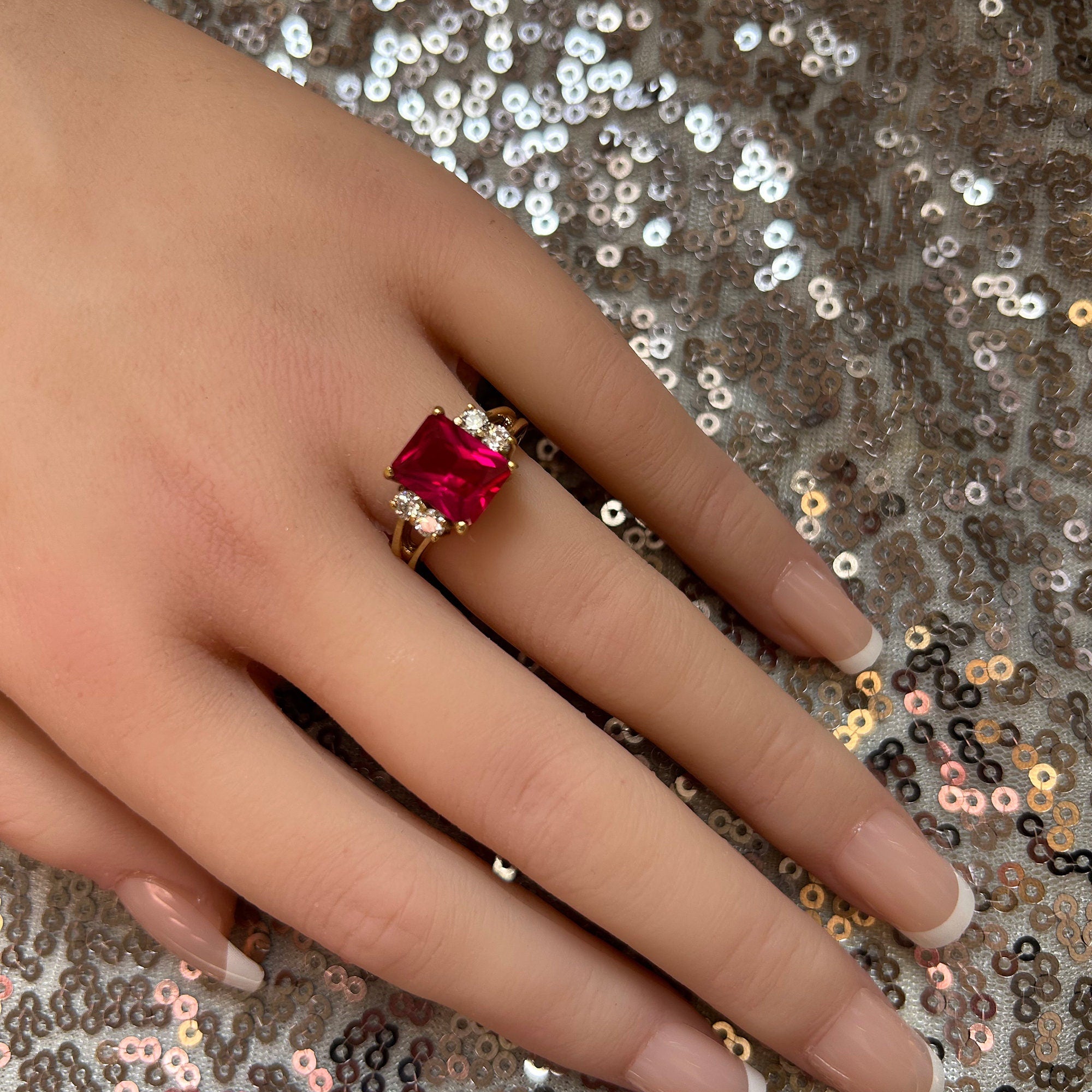 Octagon Ruby Double Band Ring with Clear Quartz Accents - H.L.Jewelry