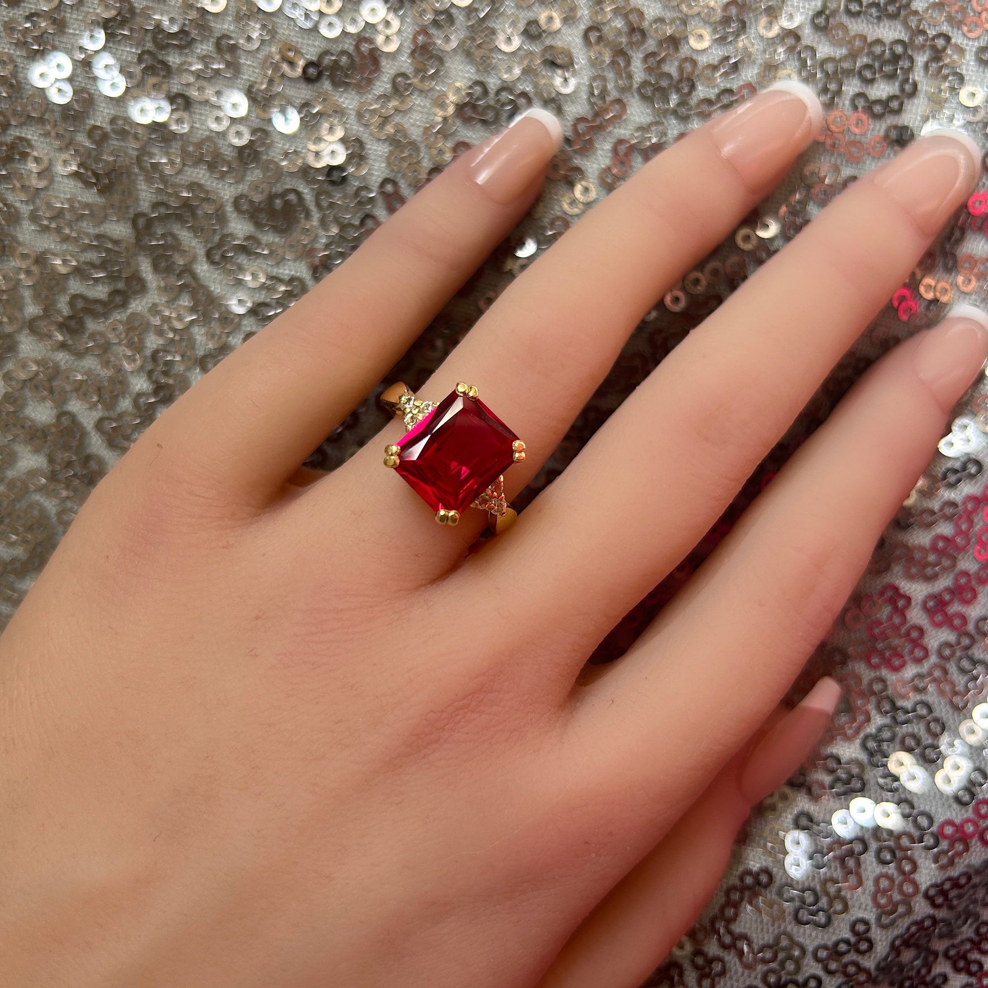 Octagon Ruby Statement Ring with Clear Quartz Accents - H.L.Jewelry