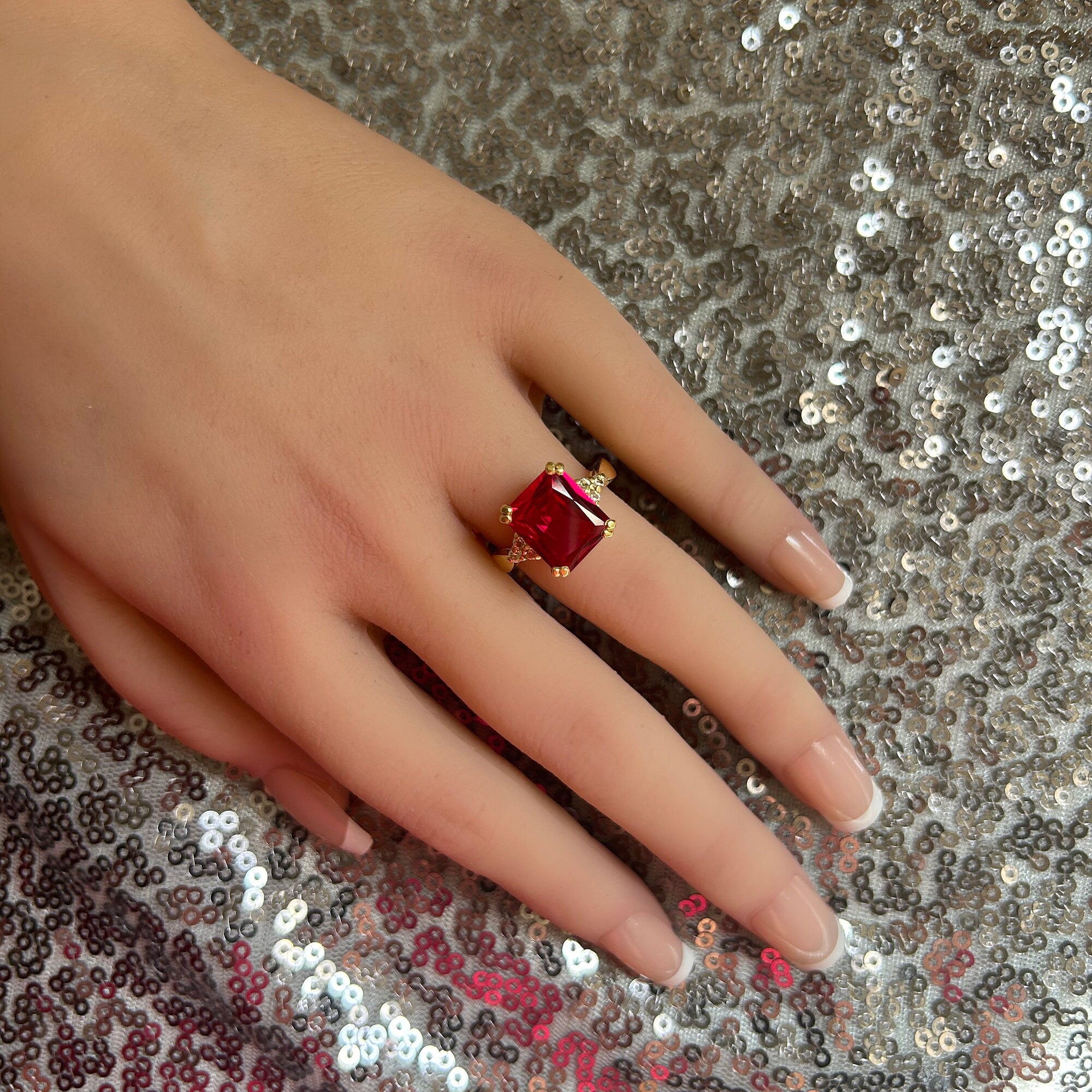Octagon Ruby Statement Ring with Clear Quartz Accents - H.L.Jewelry
