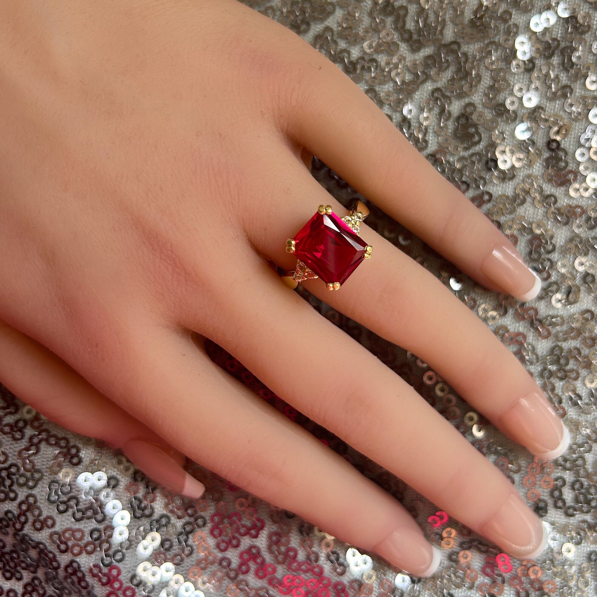 Octagon Ruby Statement Ring with Clear Quartz Accents - H.L.Jewelry