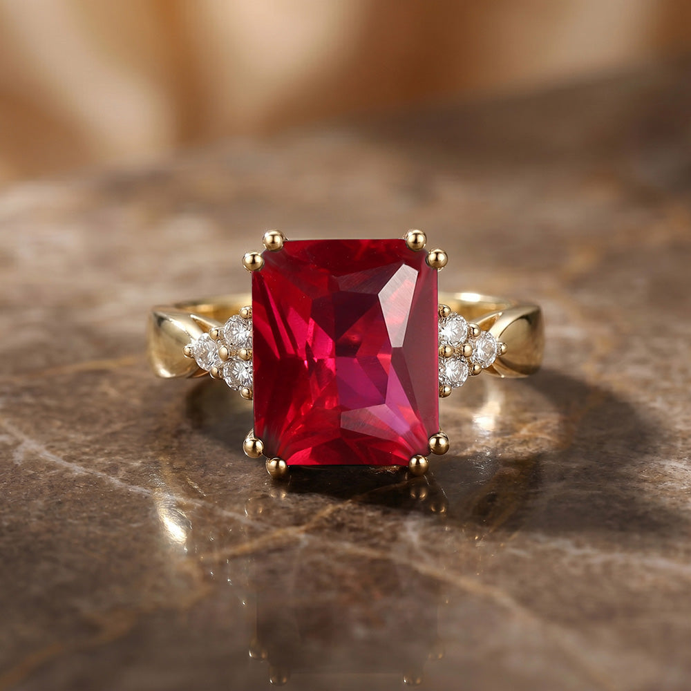 Octagon Ruby Statement Ring with Clear Quartz Accents - H.L.Jewelry