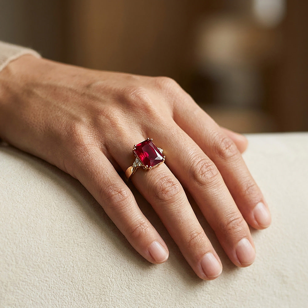Octagon Ruby Statement Ring with Clear Quartz Accents - H.L.Jewelry