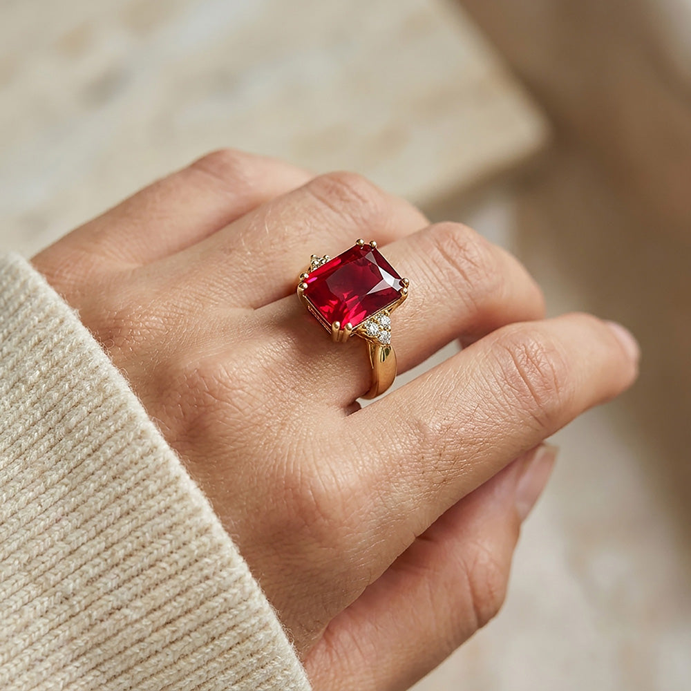 Octagon Ruby Statement Ring with Clear Quartz Accents - H.L.Jewelry