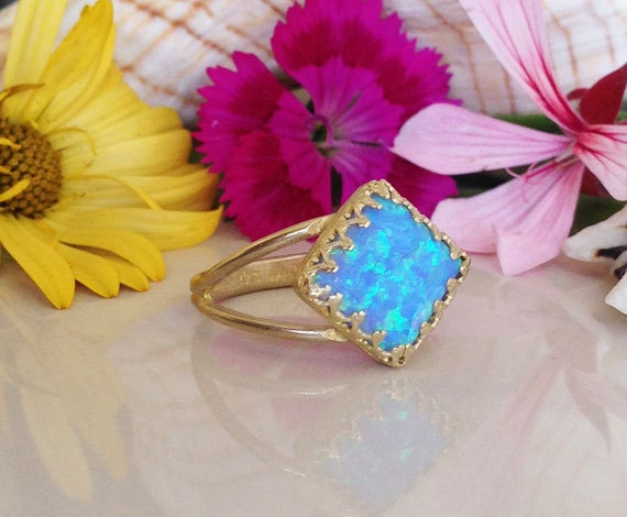 October Birthstone Blue Opal Square Crown Statement Double Band Ring - H.L.Jewelry